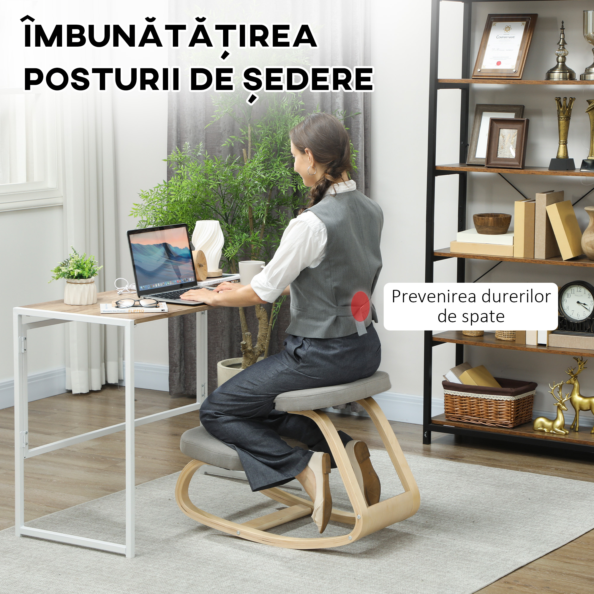  Scaun cu Genunchii cu Miscare de Balans, din tesatura si Lemn de Mesteacan, 50x73x55 cm, Gri [3]