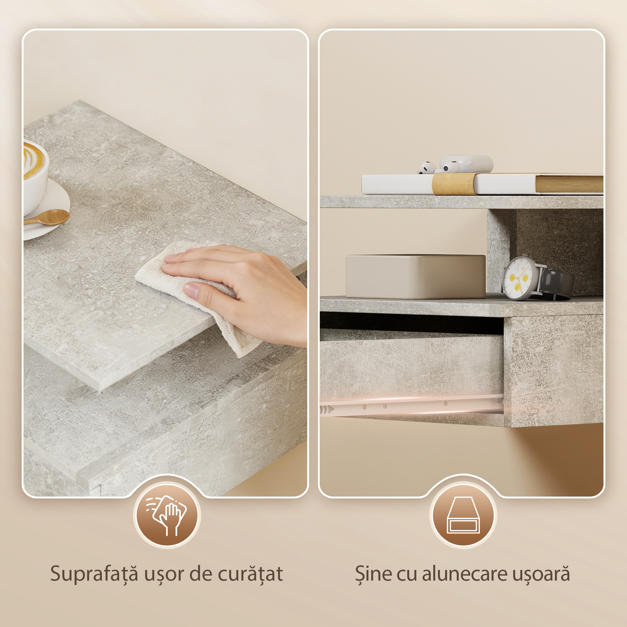  Set de 2 Noptiere Suspendate cu Sertar si Raft Deschis, 35x32x22.5 cm, Gri Ciment [6]