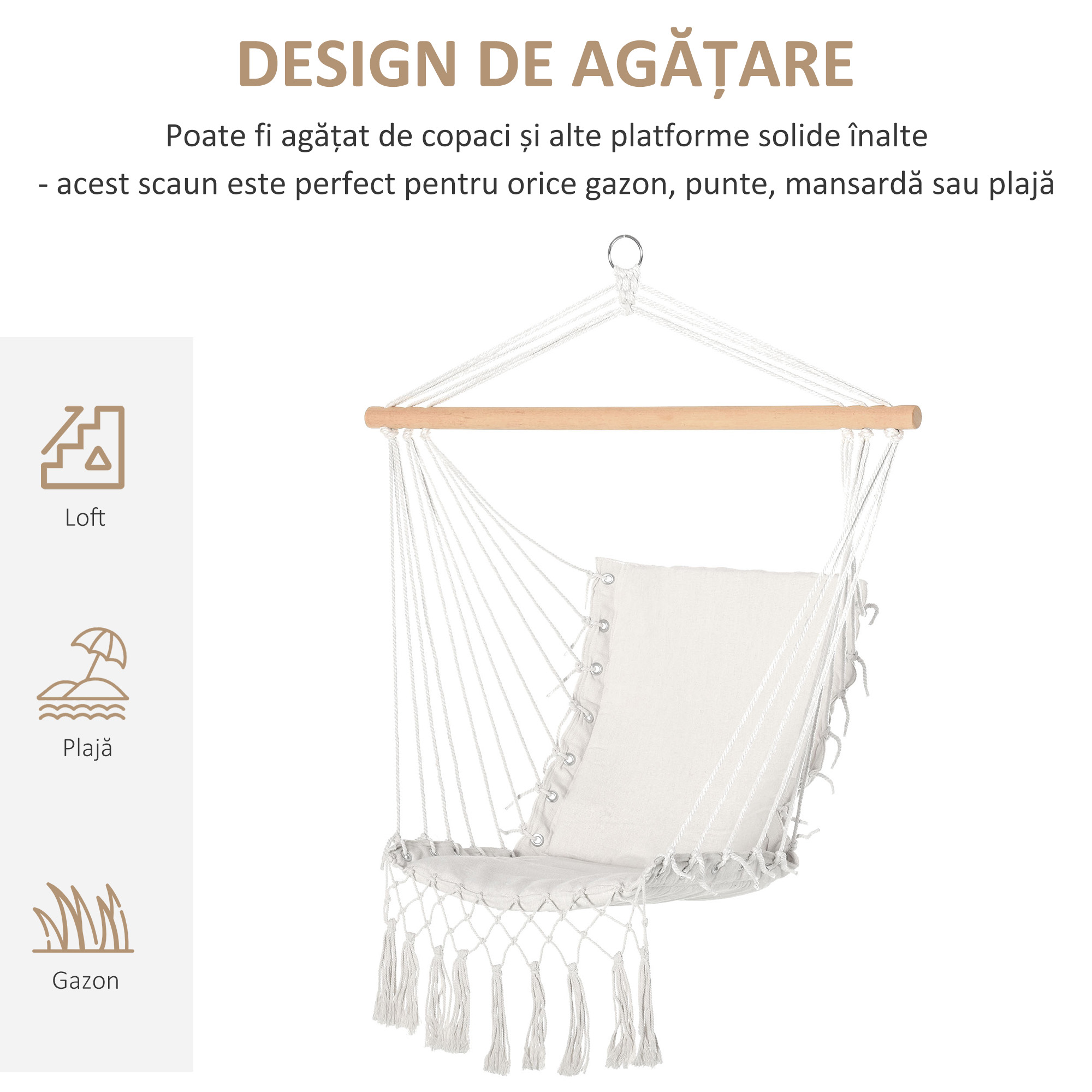  Balansoar Suspendat din tesatura cu Ciucuri si Bara din Lemn de Plop, 90x50 cm, Crem [4]