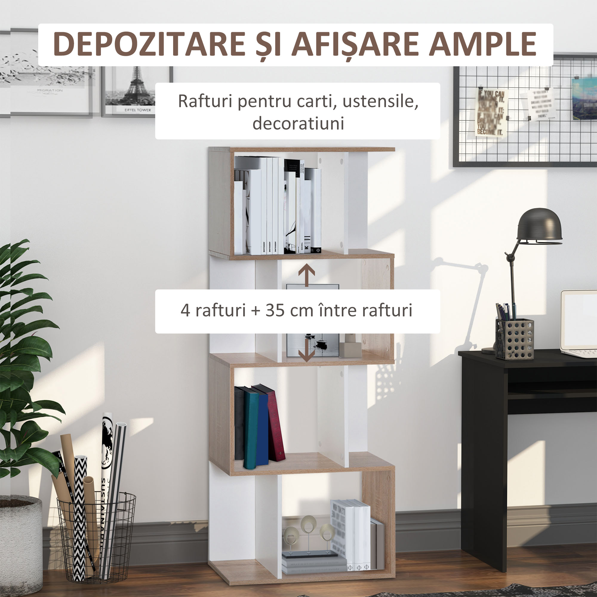  Librarie de Design Modern 4 rafturi Lemn Natural si Alb, 60x24x148cm [4]