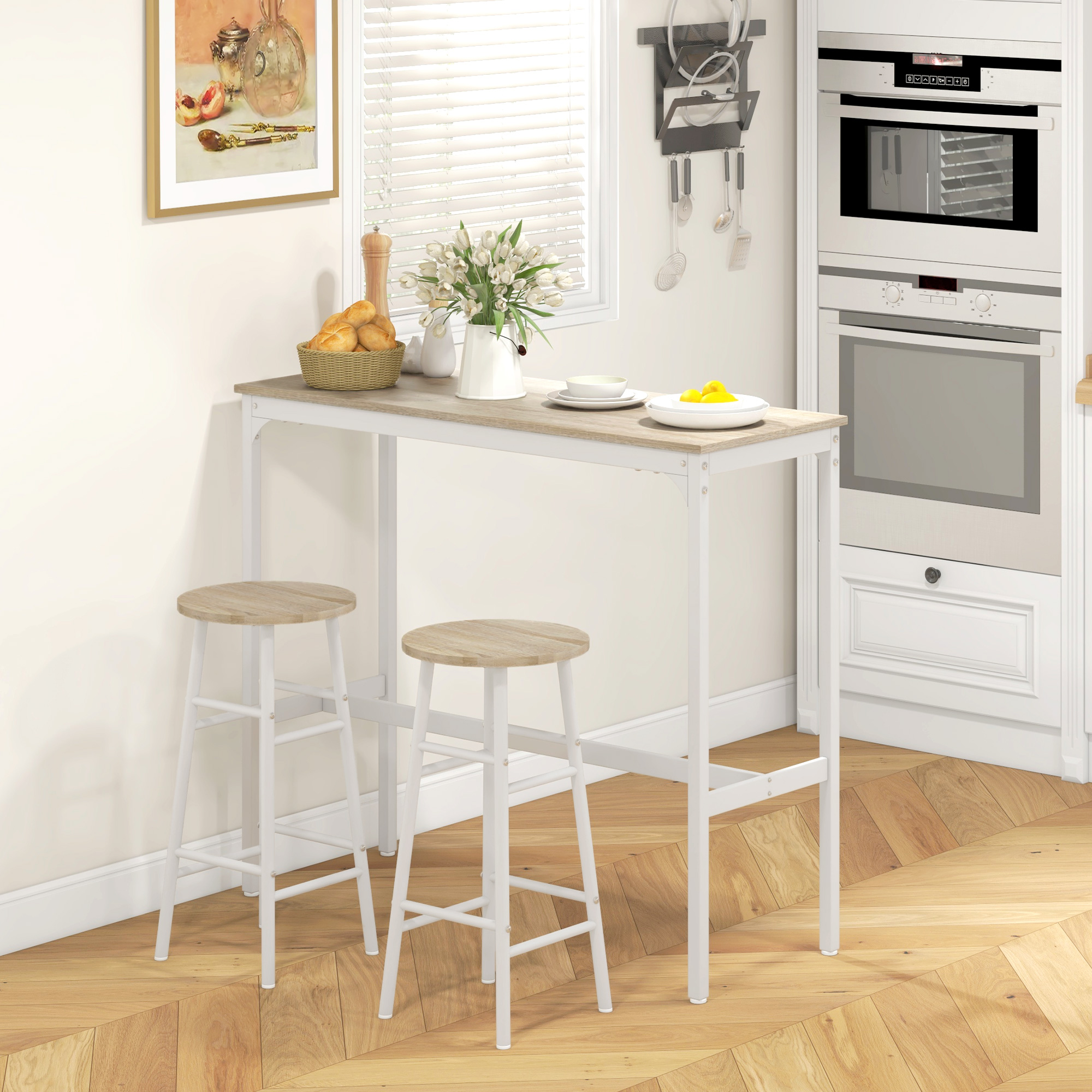  Set masa inalta de bar + 2 scaune cu structura din otel si blat cu aspect de lemn natural, pentru 2 persoane, alb [1]