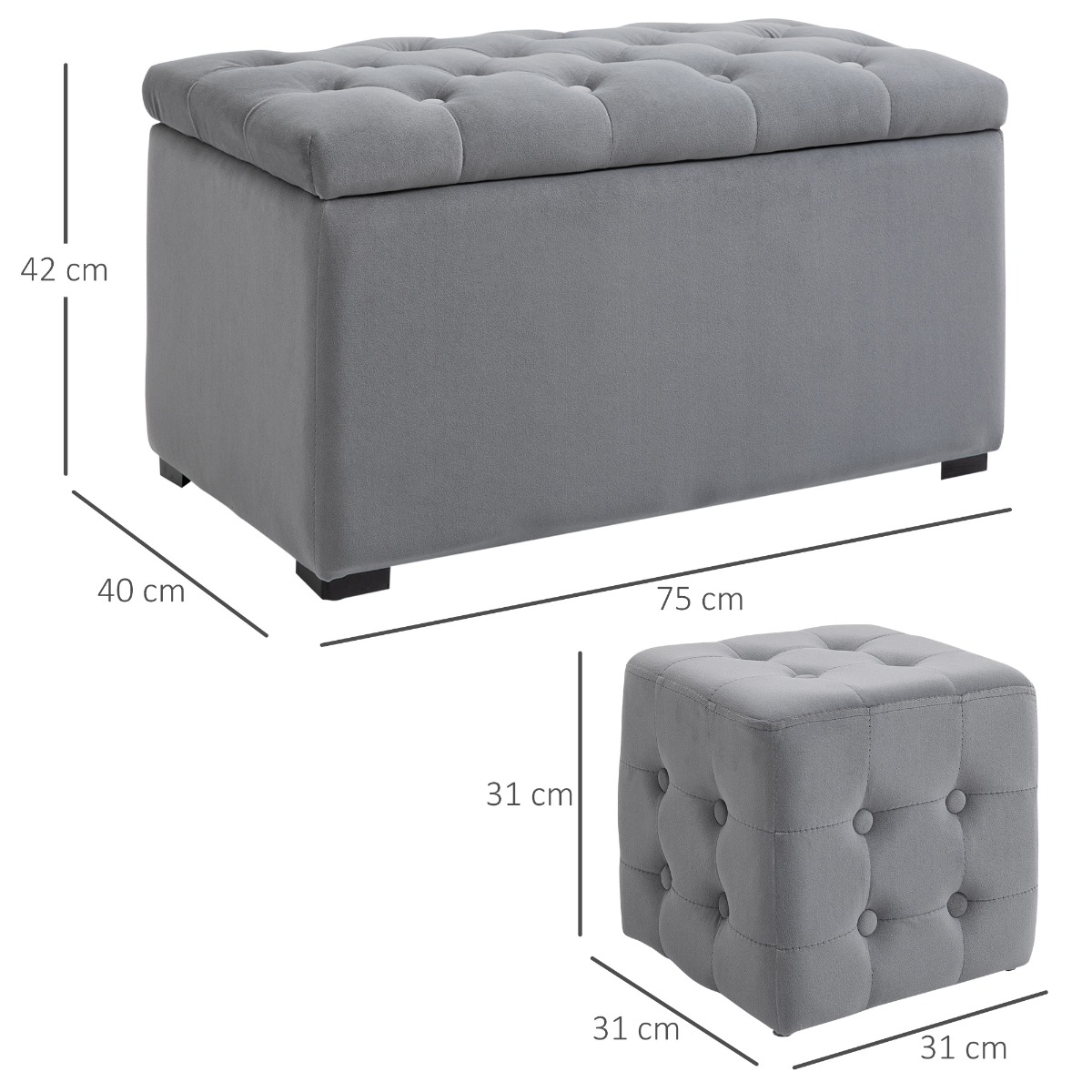  Cufar Depozitare Multifunctional - Cu 2 Pouf Catifea Gri [2]