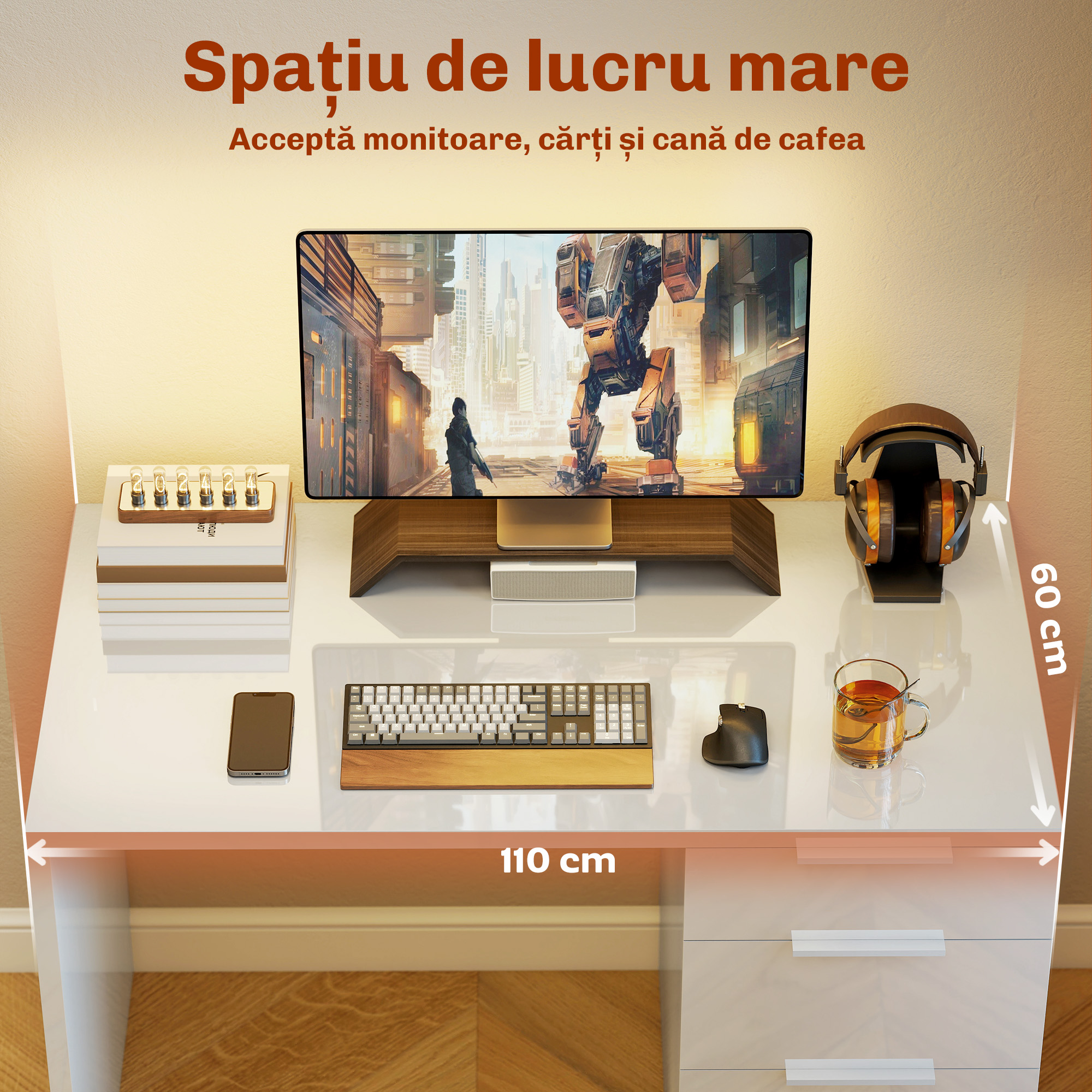  Birou Compact, 110x61.5x75 cm, Birou Modern cu 4 Sertare, Masa pentru Computer, pentru Acasa, Studiu, Camera sau Birou, Alb Lucios [3]
