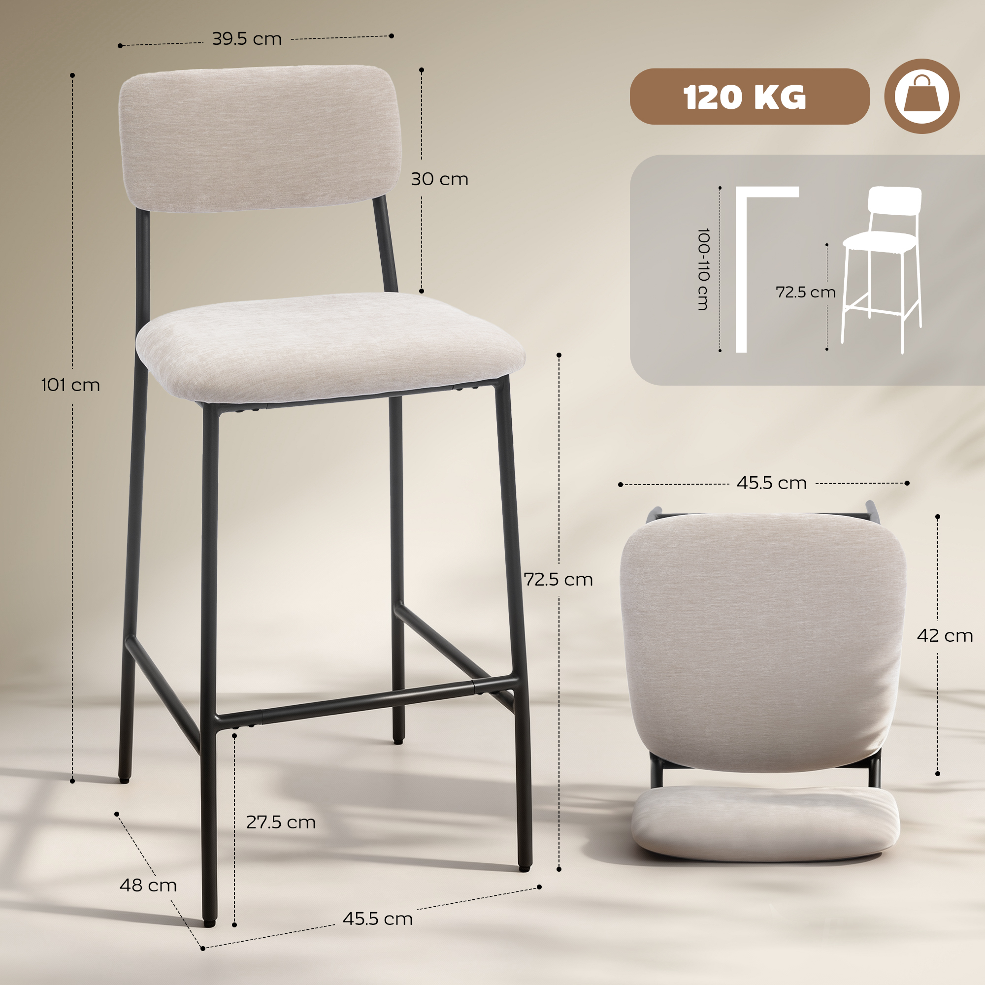  Set 2 Scaune de Bar cu Spatar inalt, Suport pentru Picioare si Tapiterie din Chenille, Crem [2]