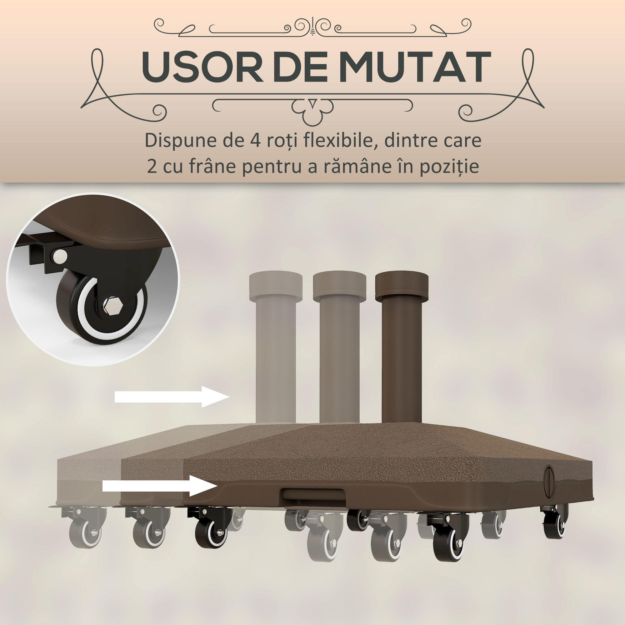  Baza pentru umbrela cu roti, umplibila pana la 20 kg, pentru stalpi cu Ø22-38 mm, 45x45x39 cm, maro [6]