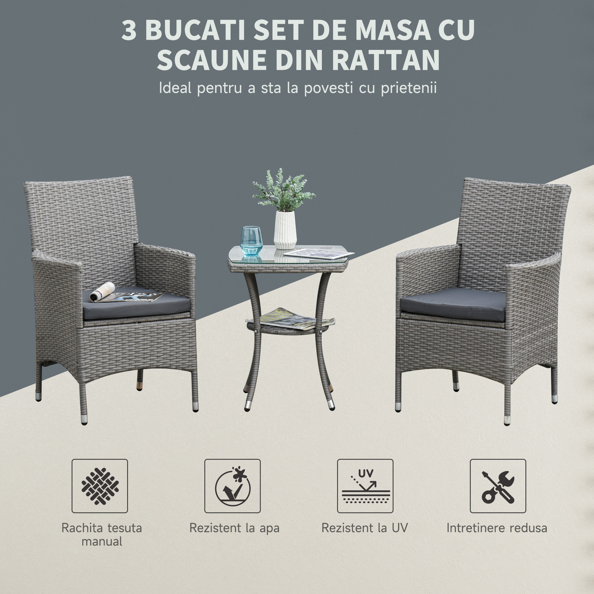  Set Masuta si Scaune de Gradina, Sufragerie de Exterior din Ratan, Gri [3]