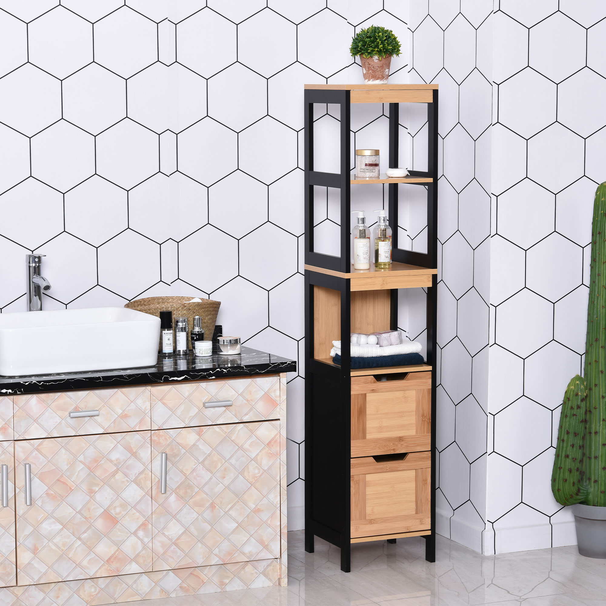  Dulap de baie cu 2 sertare si 3 compartimente deschise, mobilier baie din lemn MDF si bambus 30x30x144,3 cm, culoare lemnului [1]