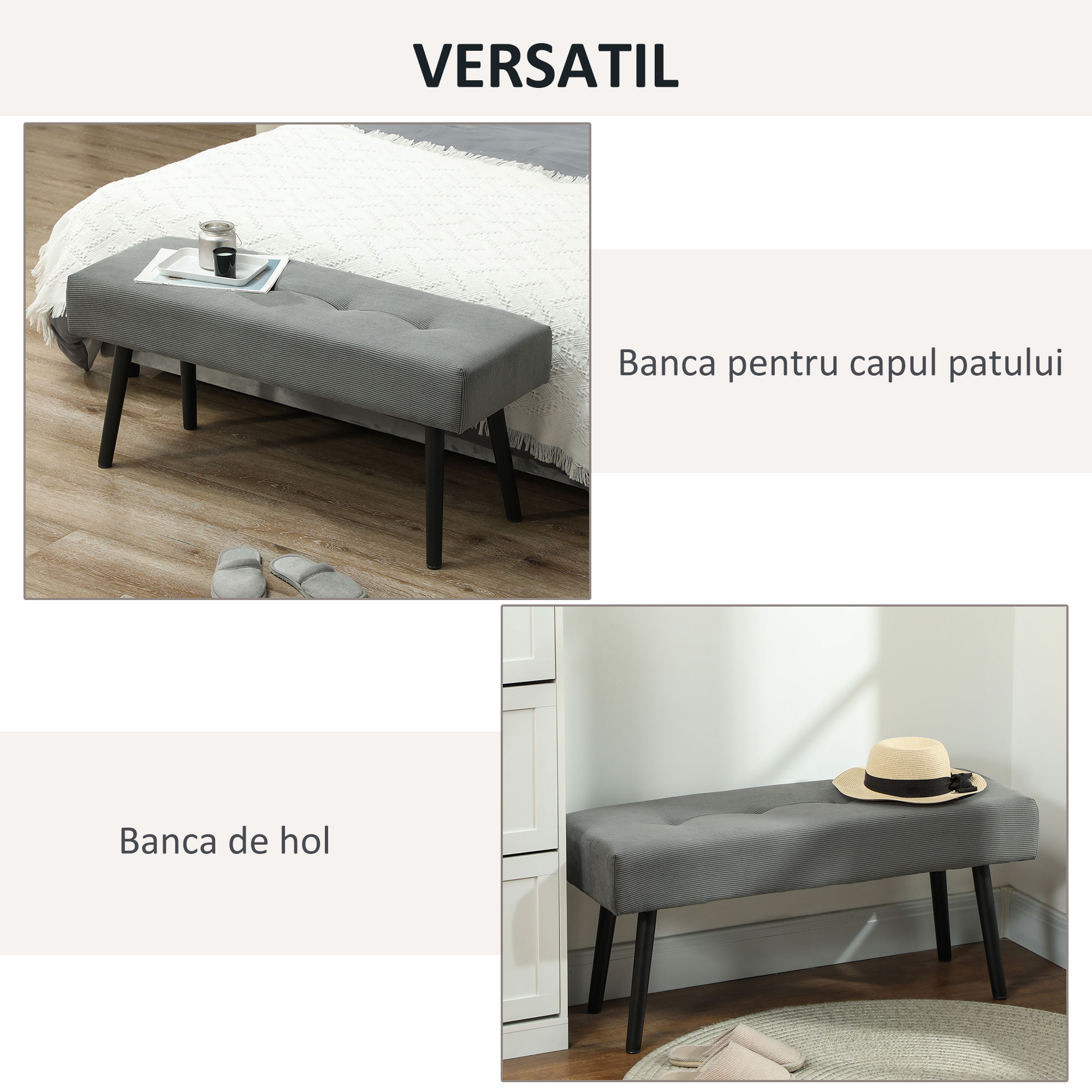  Banca pentru capatul patului matlasata din material textil cu efect catifelat cu nervuri si otel, 100x36x45 cm, gri [5]