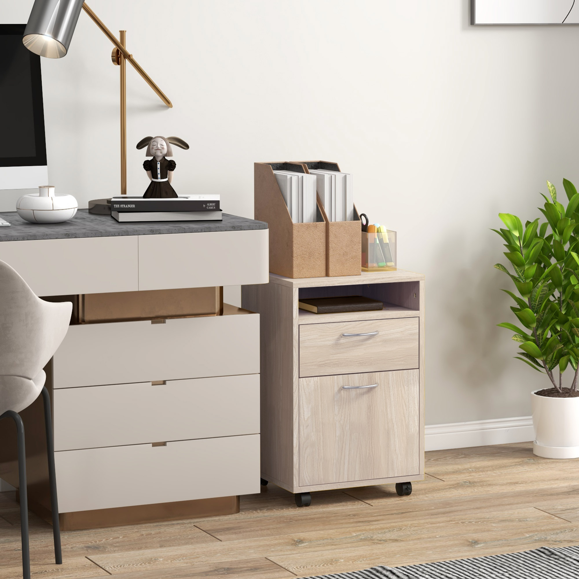  Dulap de Birou cu 4 Roti, Raft Deschis, 2 Sertare, Mobilier de Birou din Lemn si Metal, 40x35x60 cm, Lemn Natural [1]