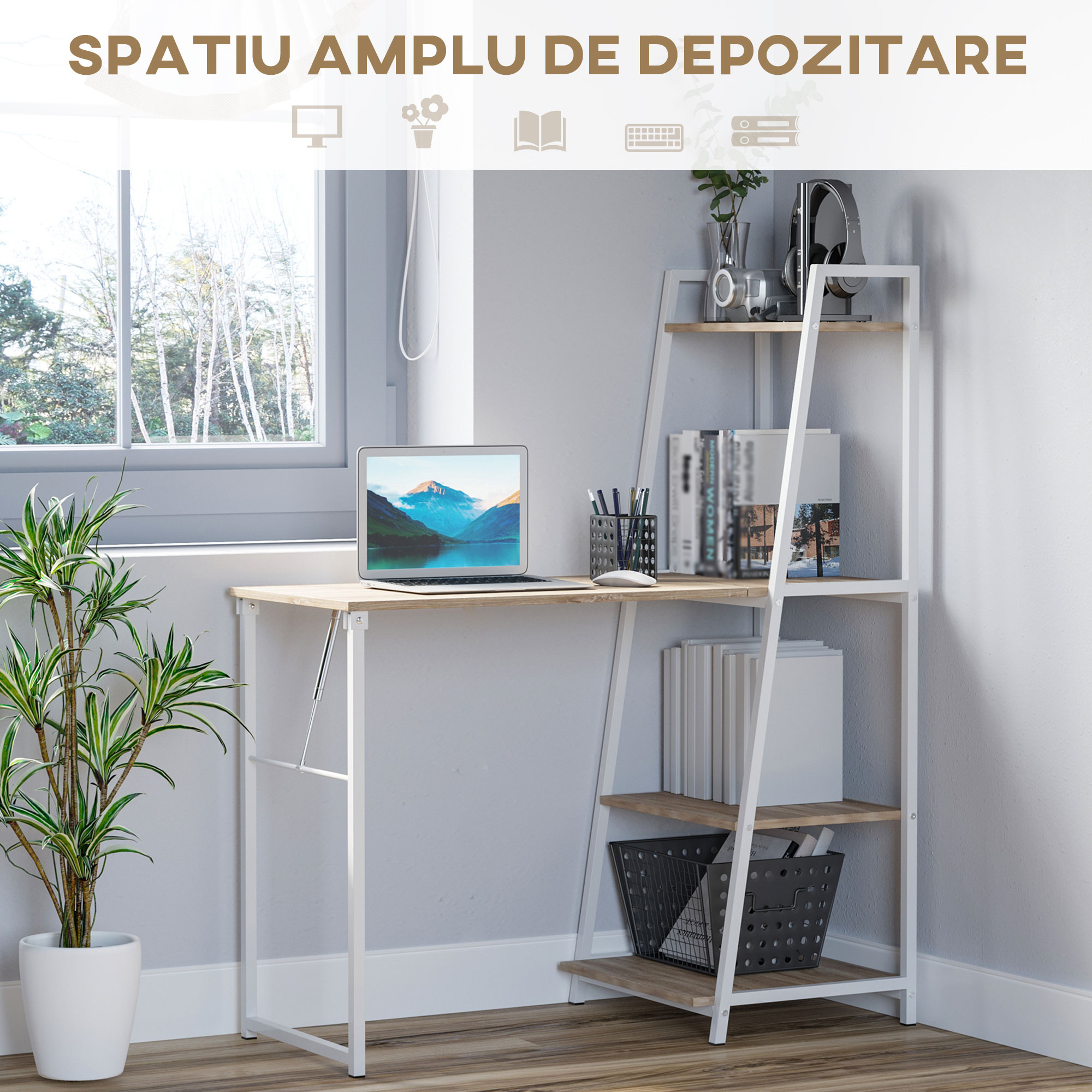  Birou Biblioteca 4 Rafturi Blat Mare Pliabil Lemn Metal Alb Stejar [4]