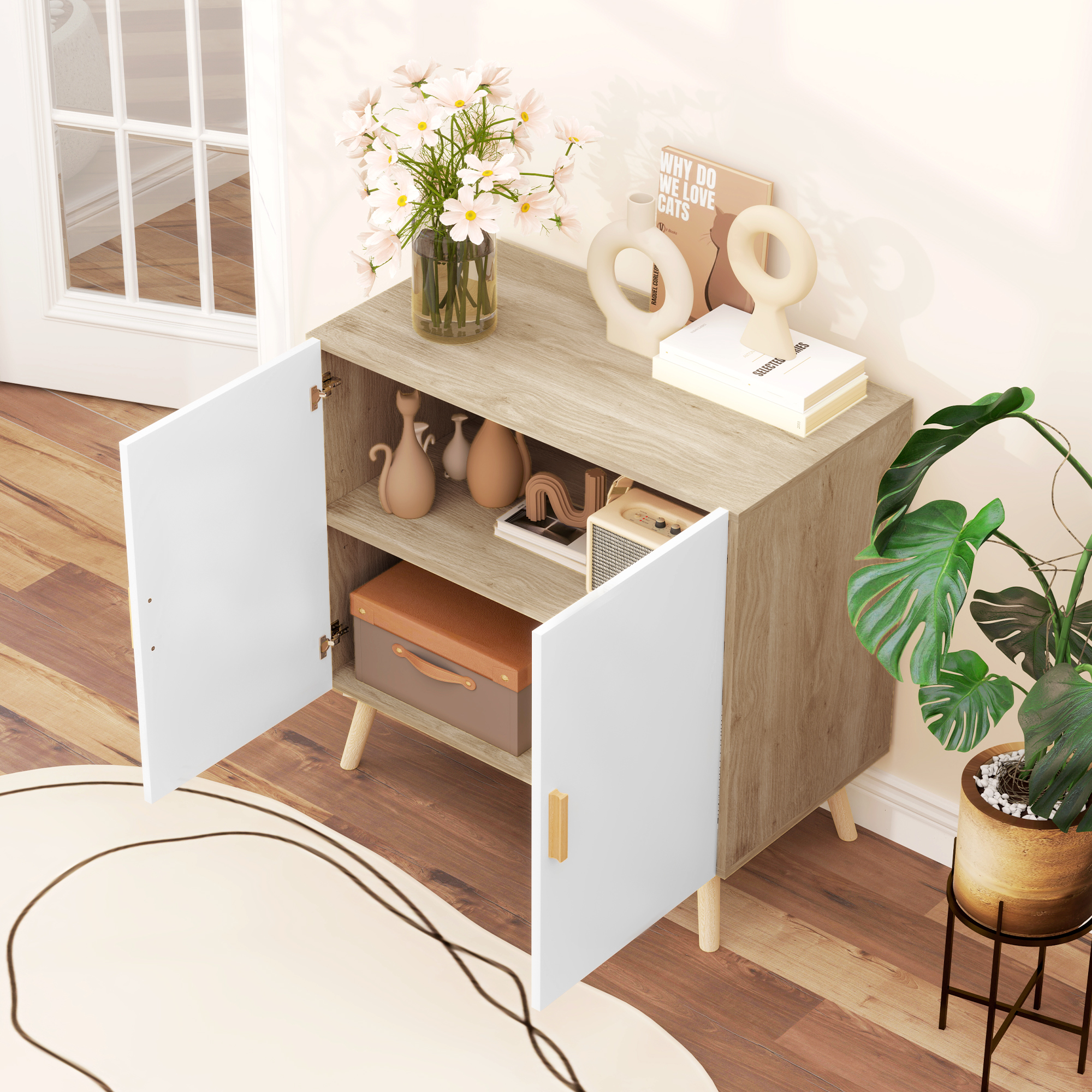  Comoda Moderna cu Raft Reglabil pe 3 Niveluri din Lemn, Alb si Stejar [5]