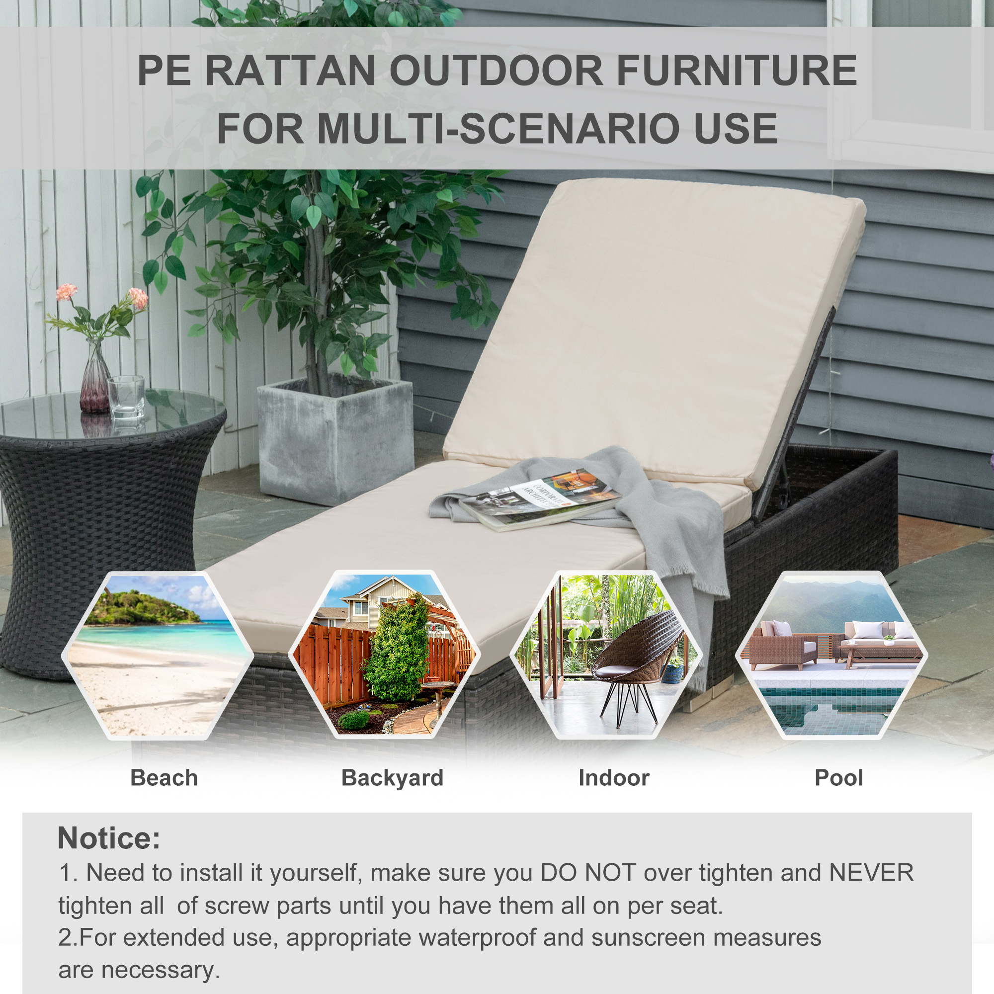  Sezlong pentru Plaja din Ratan PE cu Spatar Rabatabil in 5 Pozitii, 195x68x30cm, Maro [6]