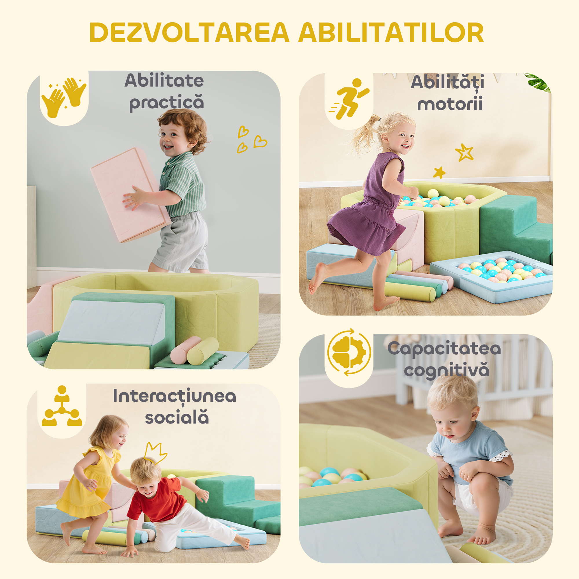  Set 15 Blocuri de Constructii Moi Modulabile pentru Copii cu 200 de Mingi pentru Uz Intern, Multicolor [6]