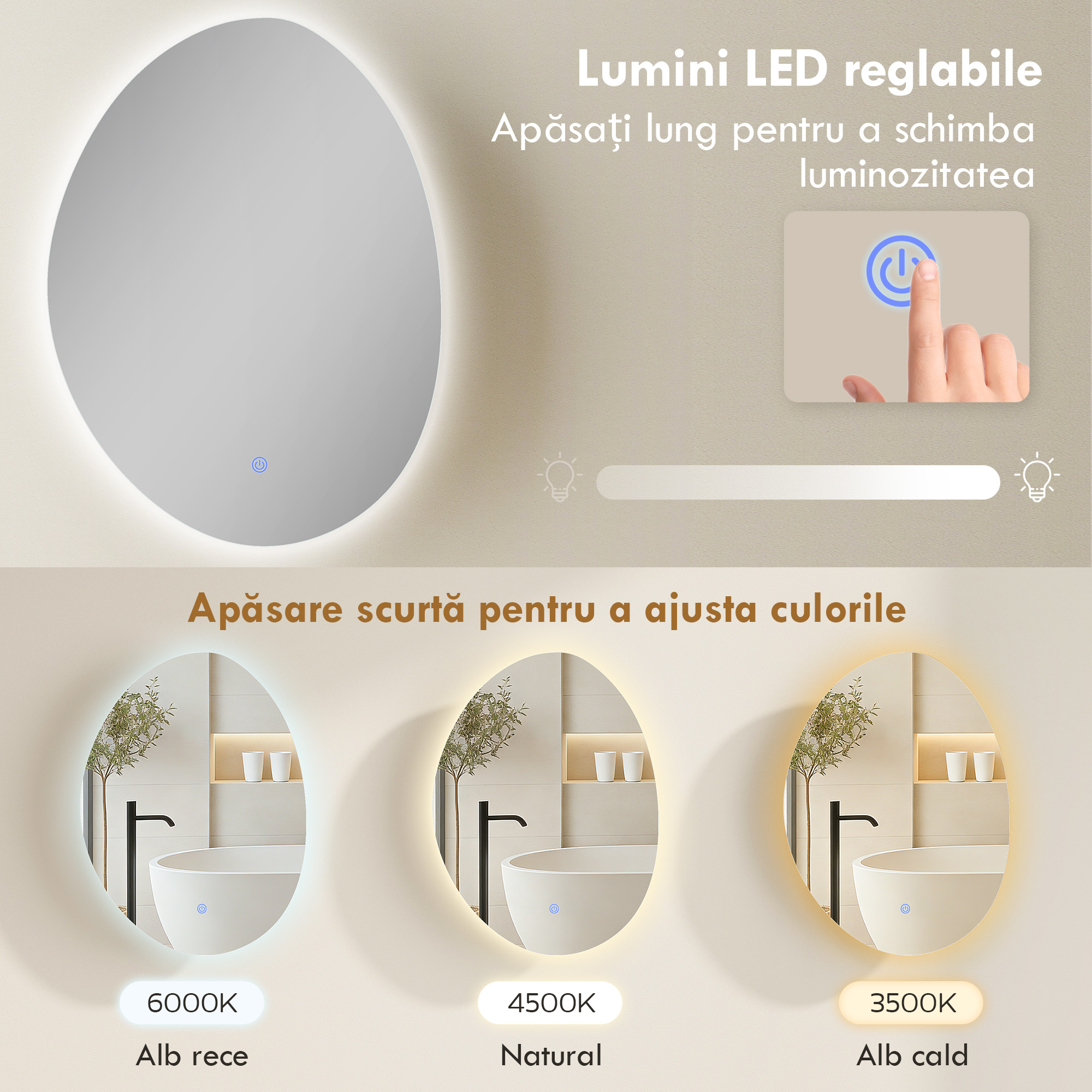  Dulap Baie LED, Anti-Condens, Iluminare Reglabila 3 Tonuri, Alb, Montare pe Perete [4]