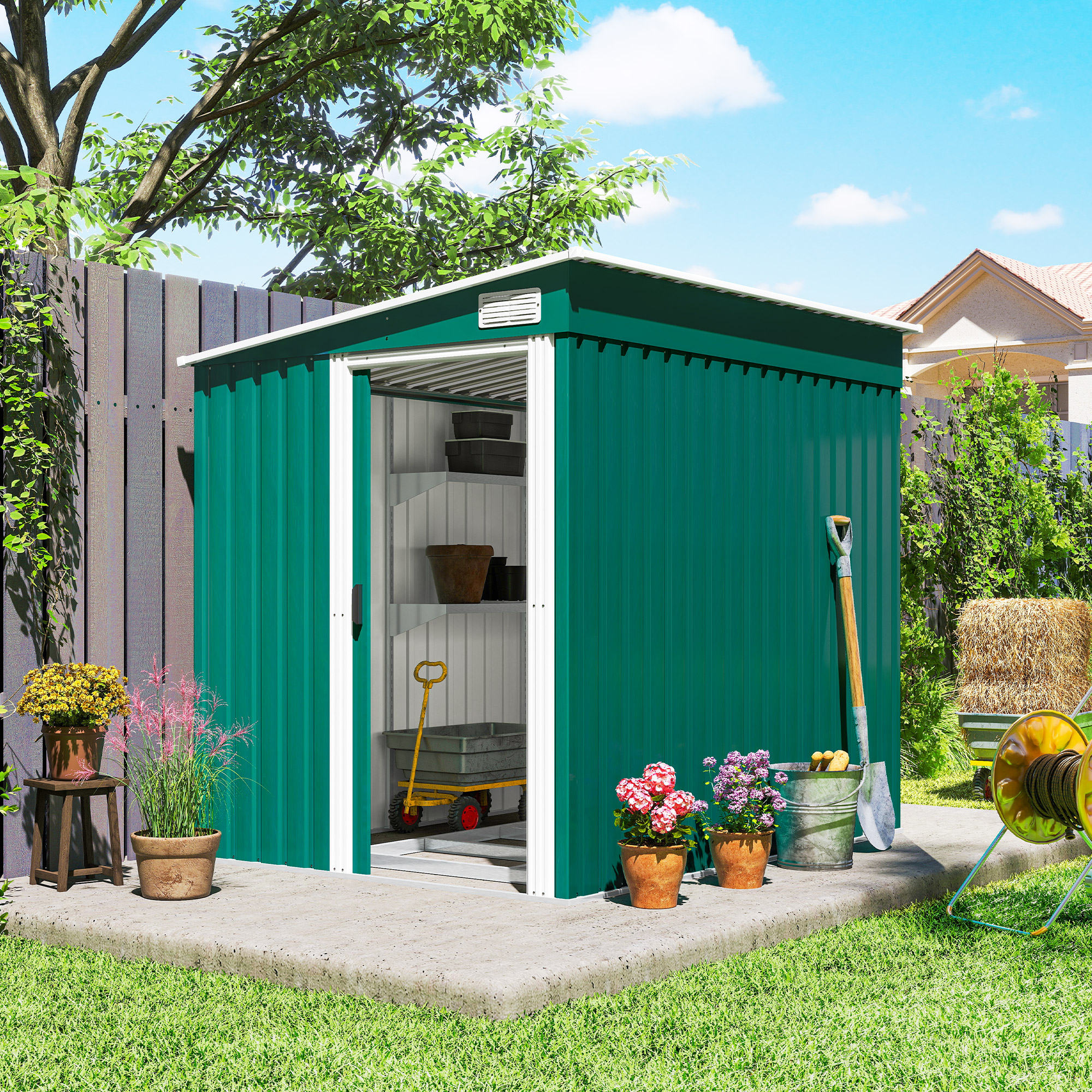  Depozit pentru Unelte din Metal 1.5x2m cu Baza, Usa Glisanta si Acoperis inclinat, Verde [1]