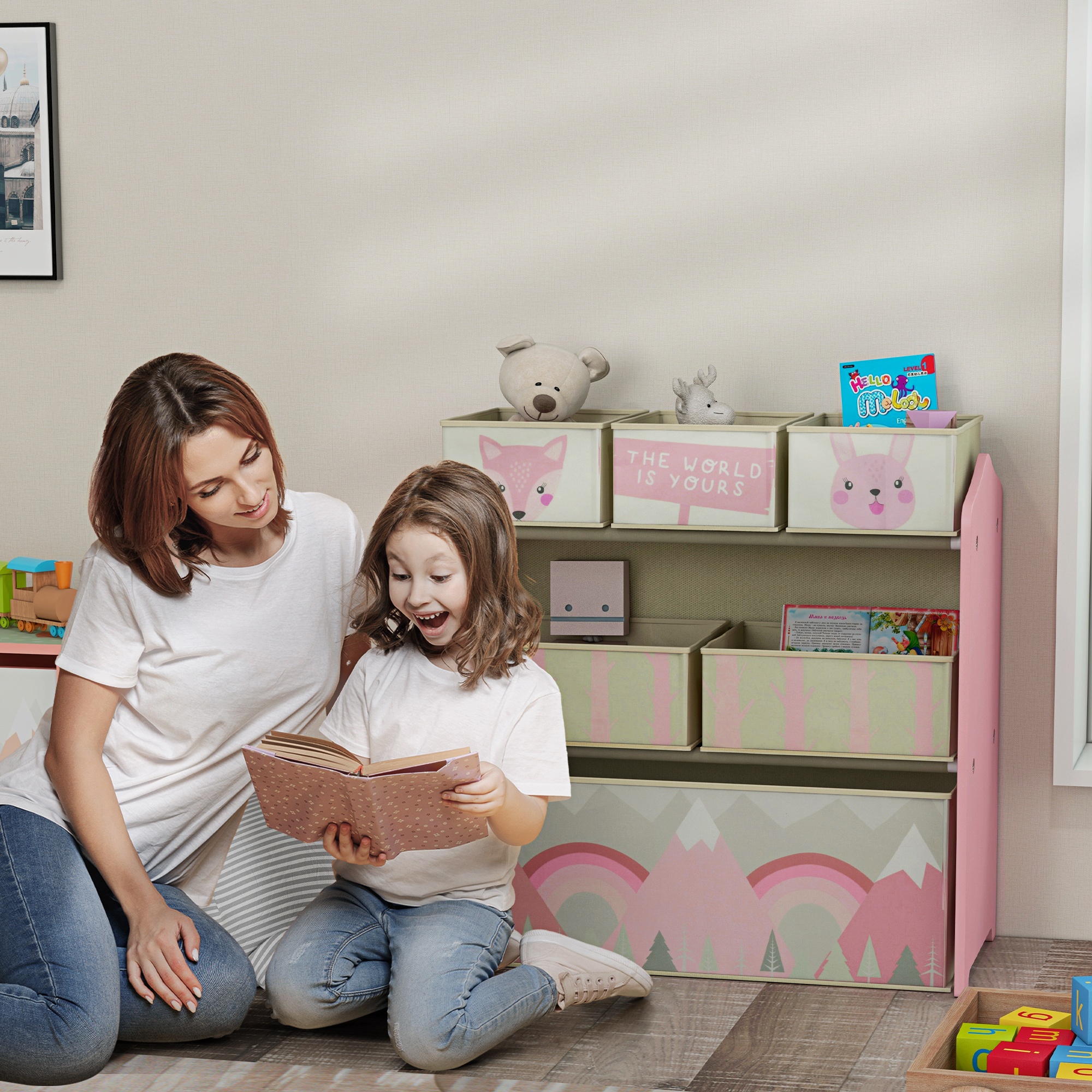 Raft mobil  pentru jucarii cu 6 containere detasabile din material textil, 63x30x66cm, de culoare roz [1]