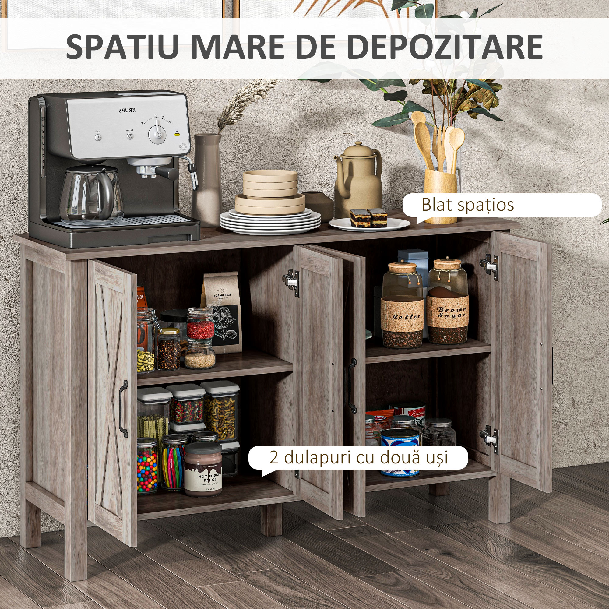  Dulap Multifunctional Stil Rustic cu 4 Rafturi Reglabile, din Lemn, 120x37x75 cm, Gri [3]