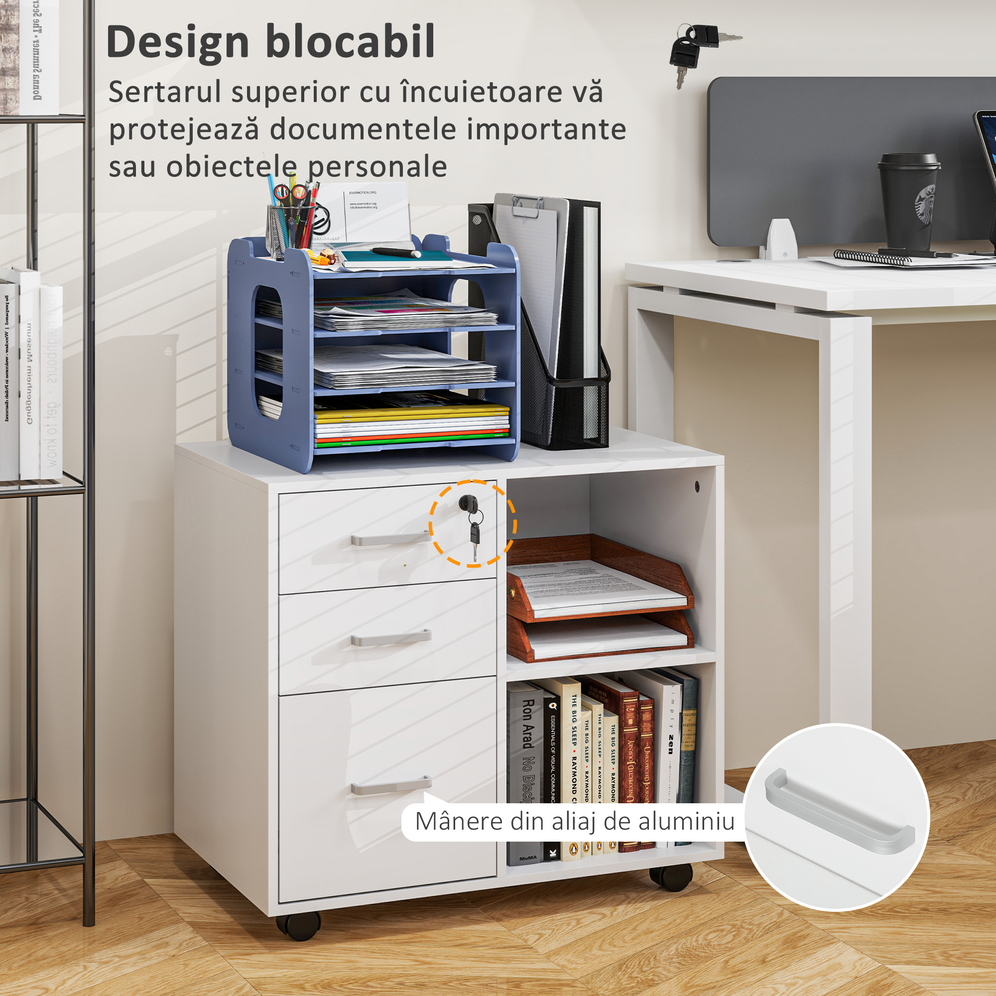  Dulap cu Sertare pentru Birou, Suport pentru Documente cu 3 Sertare cu incuietoare si Chei, 60x40x56 cm, Alb [4]