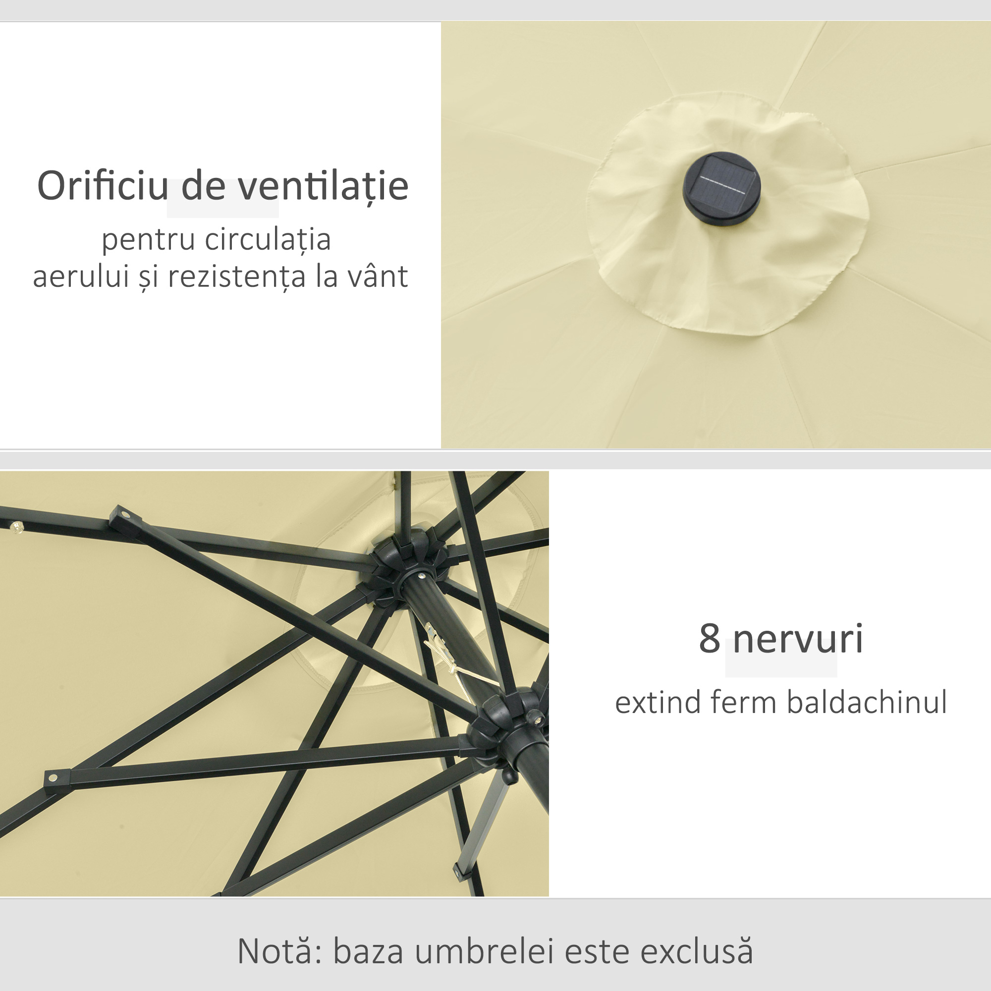  Umbrela de Gradina Inclinabila Ø265 cm cu 32 Luminile LED Solare si Manivela, Umbrela de Exterior cu 8 Spite, din Otel, Poliester, pentru Patio, Curte, Balcon, Terasa, Bej [4]