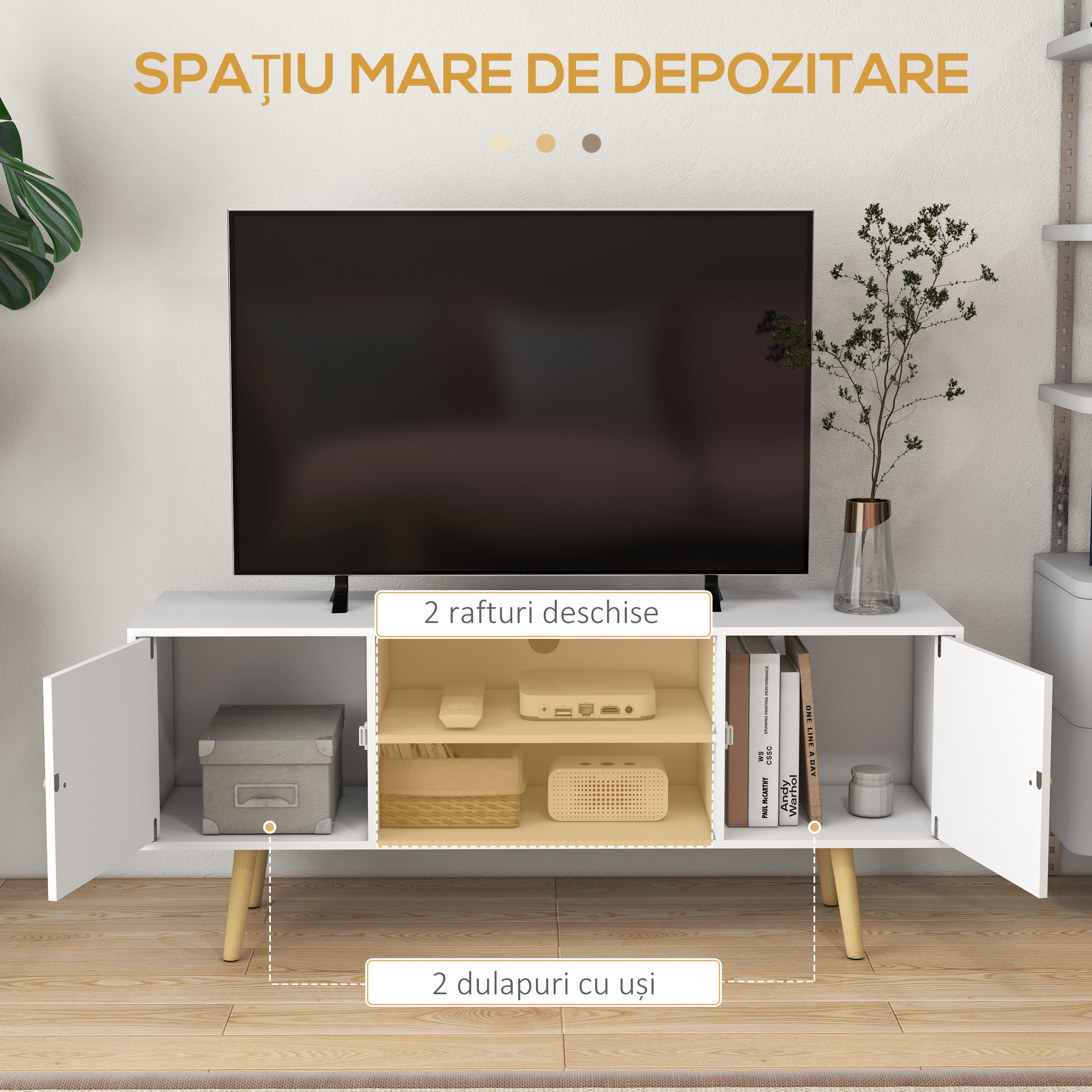  Cabinet TV 55" cu 2 Dulapuri, Usi si 2 Rafturi Deschise, Consola TV din Lemn si PAL, 120x34x50 cm, Alb [3]