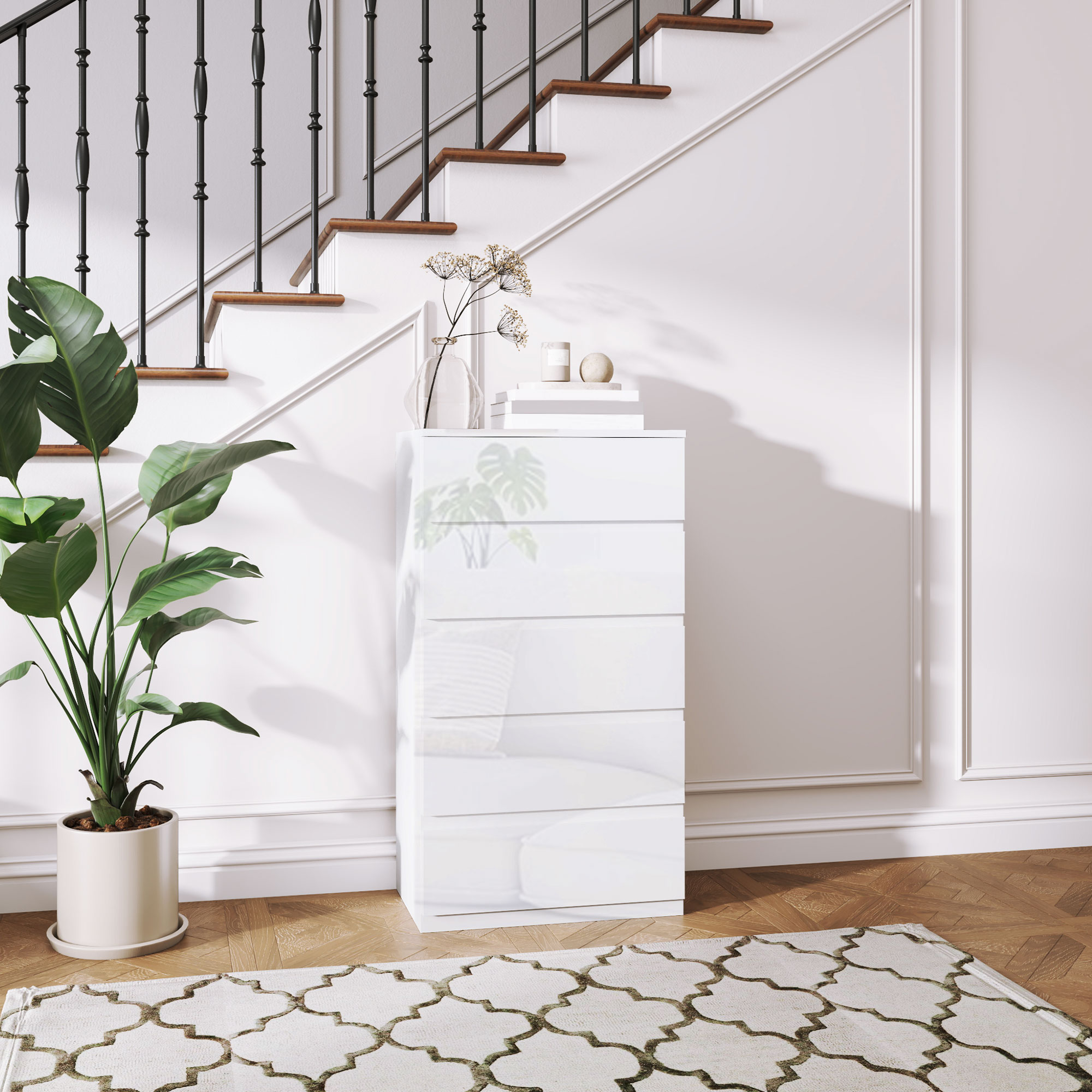  Comoda Moderna Anti-rasturnare, Comoda cu 5 Sertare din Pal Melaminat, 55x33x100 cm, Alb Lucios [1]