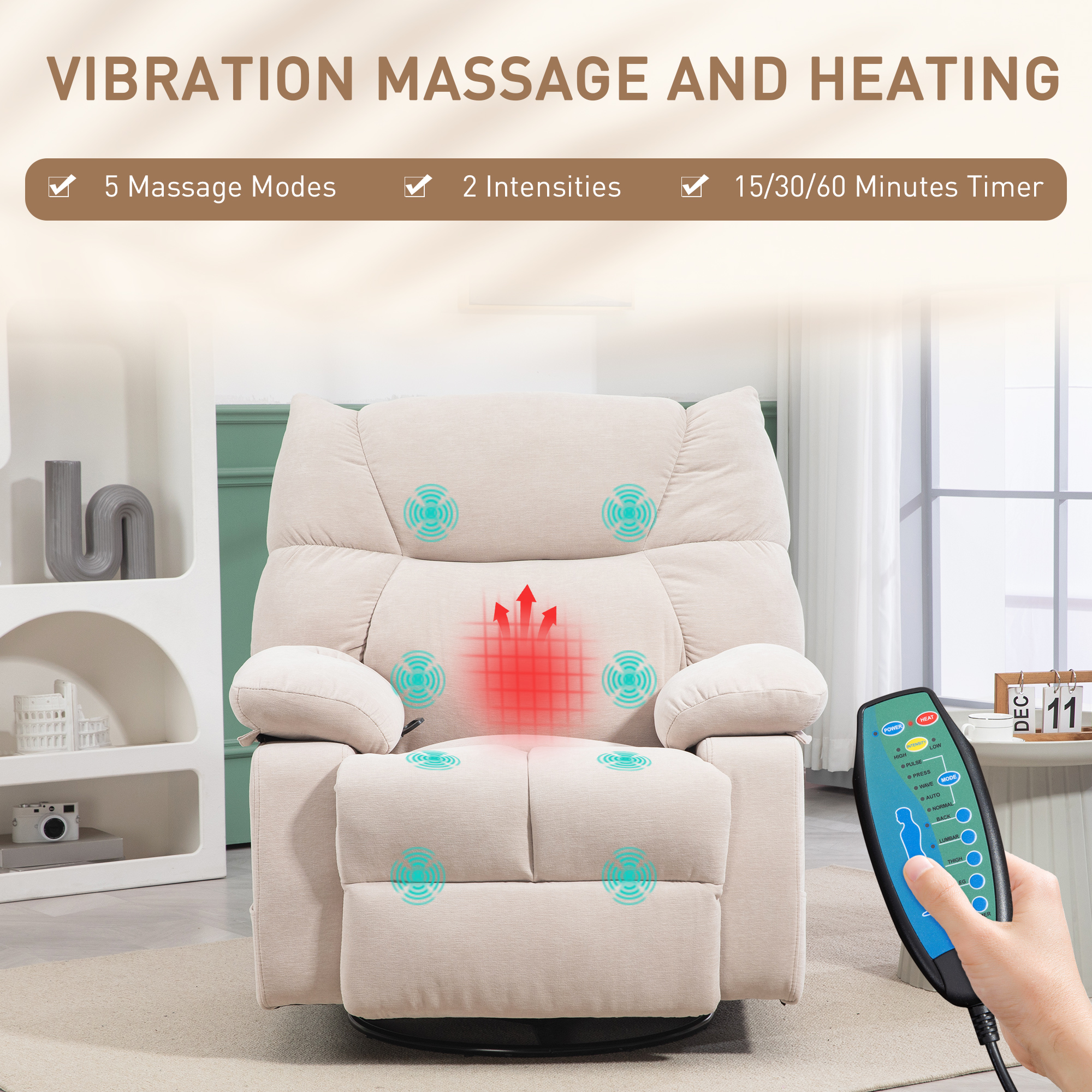  Fotoliu Reclinabil 145° cu Masaj si incalzire cu 5 Programe si 8 Puncte Vibrante, Buzunare de Depozitare, Bej [3]