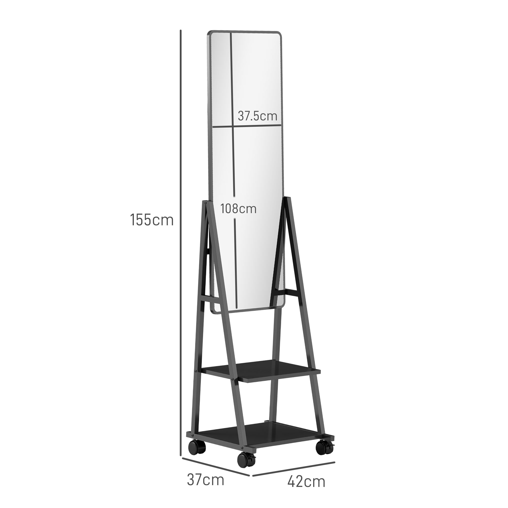  Oglinda Verticala de Podea cu 2 Rafturi si 4 Roti, din Otel si Lemn, 42x37x155 cm, Negru [2]
