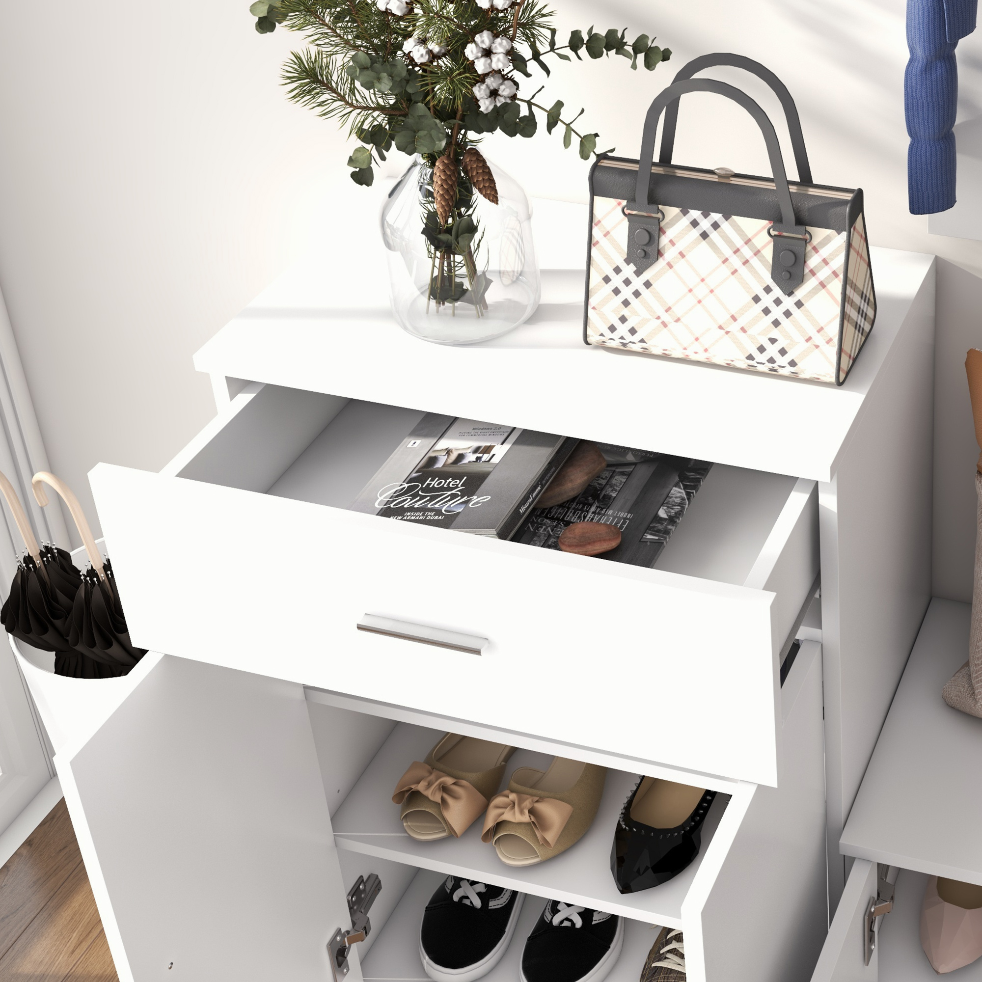  Cuier Hol Lemn Alb - 100×32×187 cm cu Dulap & Rafturi [8]