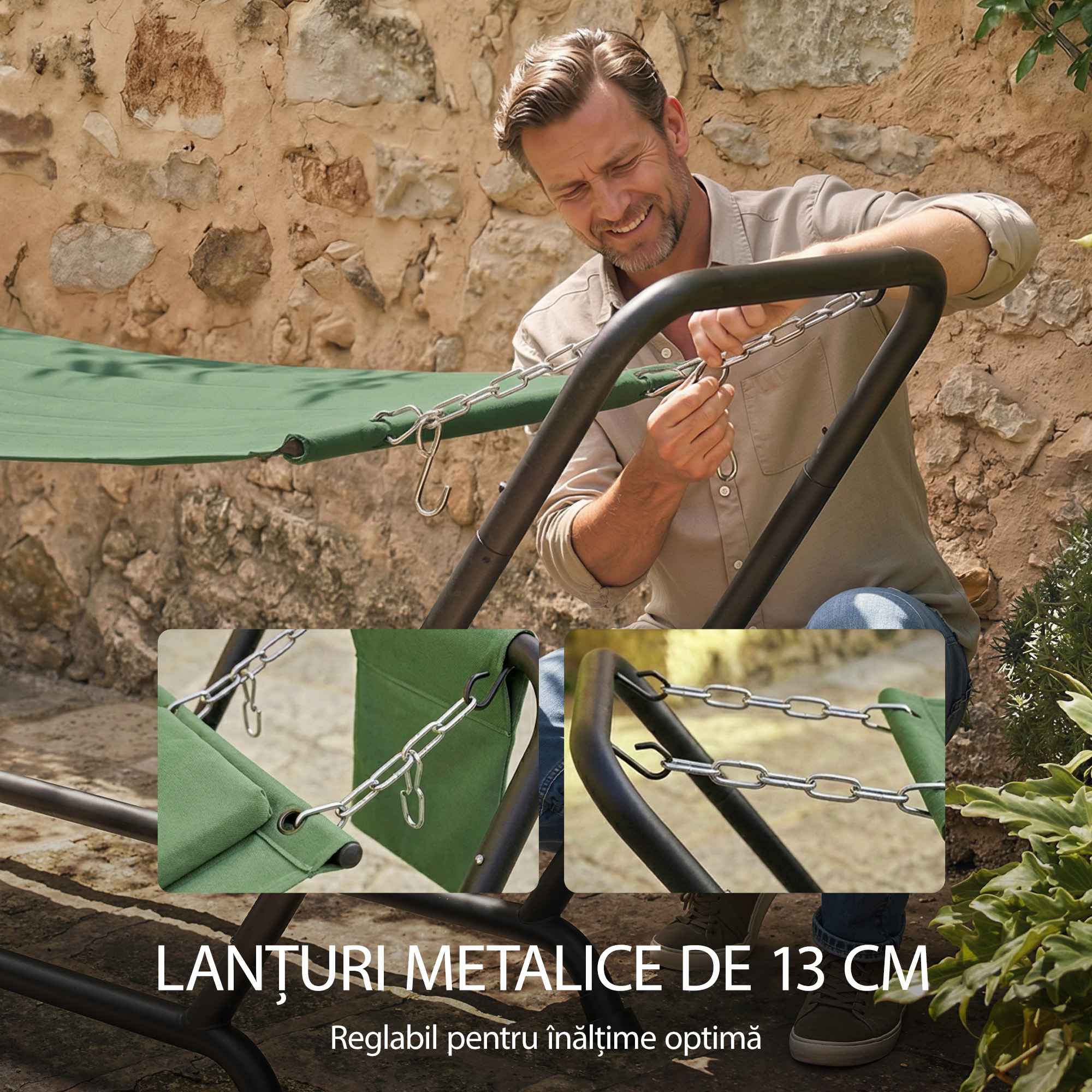  Hamac de Gradina cu Suport, Buzunar Lateral si Tetiera, din Metal si Poliester, 237x90x92 cm, Verde inchis [6]