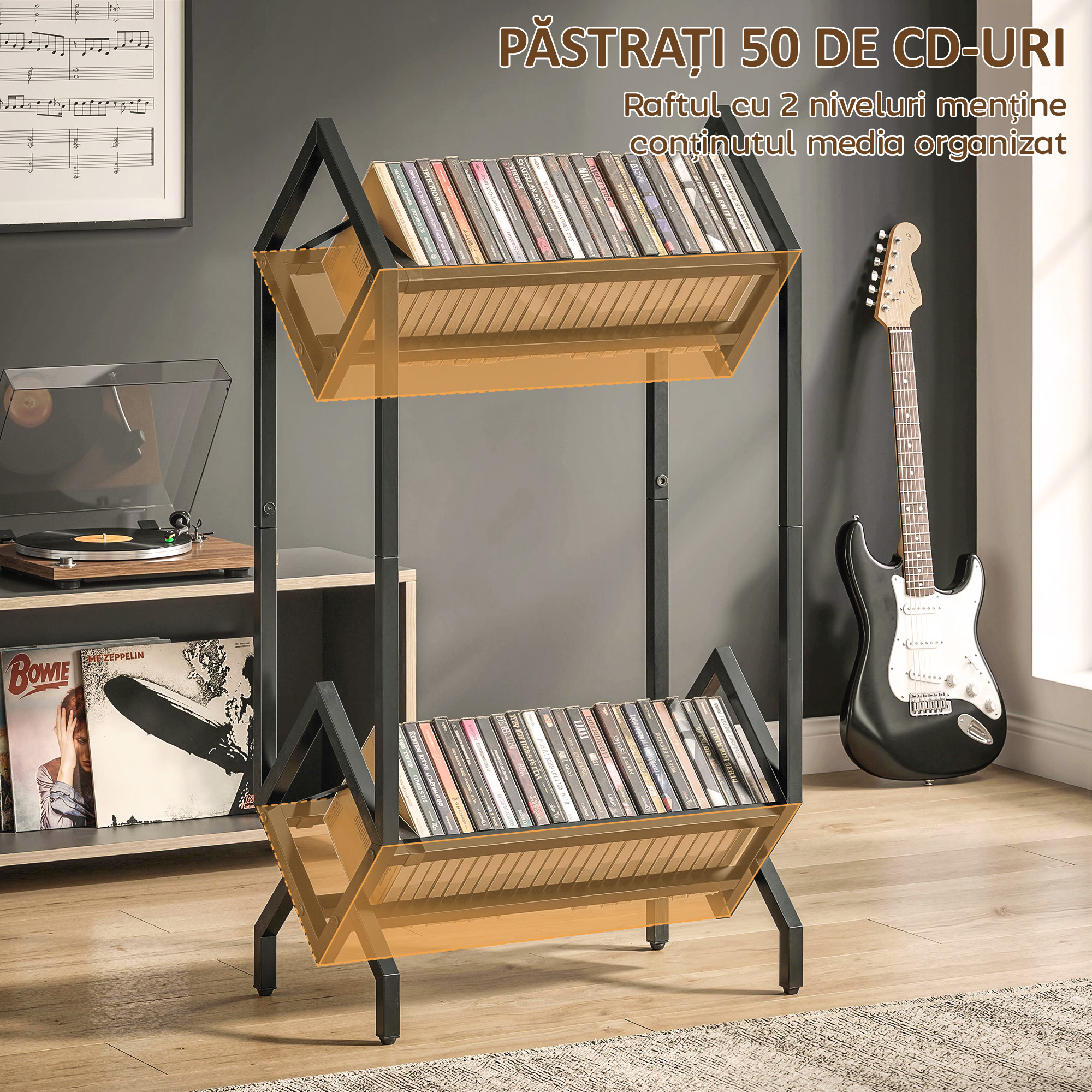  Organizator CD-uri pentru 50 CD-uri, Organizator Viniluri 2 Niveluri din Metal pentru DVD-uri, Carti, Albume, Negru [3]