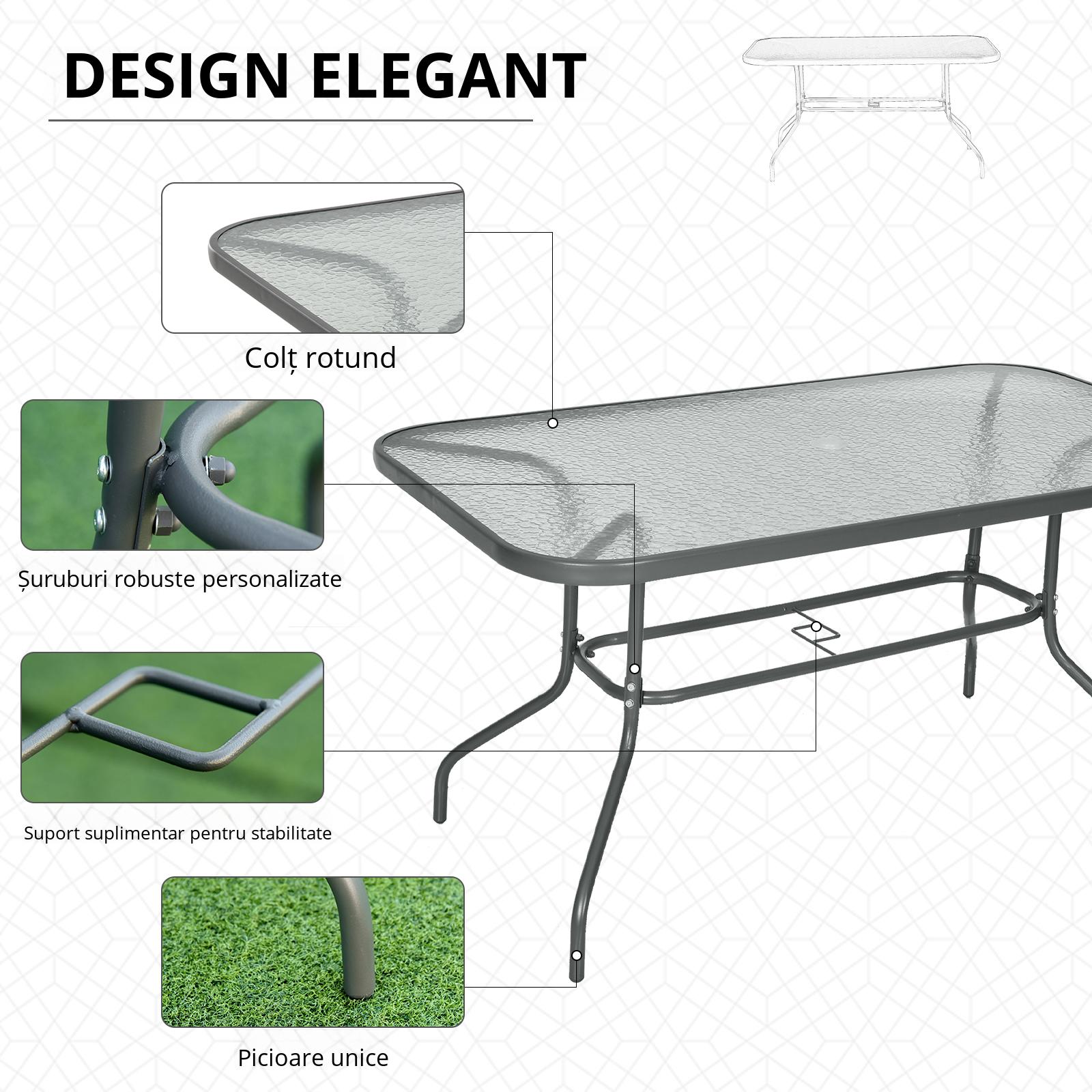  Masa de Exterior din Metal si Sticla Temperata cu Orificiu pentru Umbrela 140x80x70cm [4]