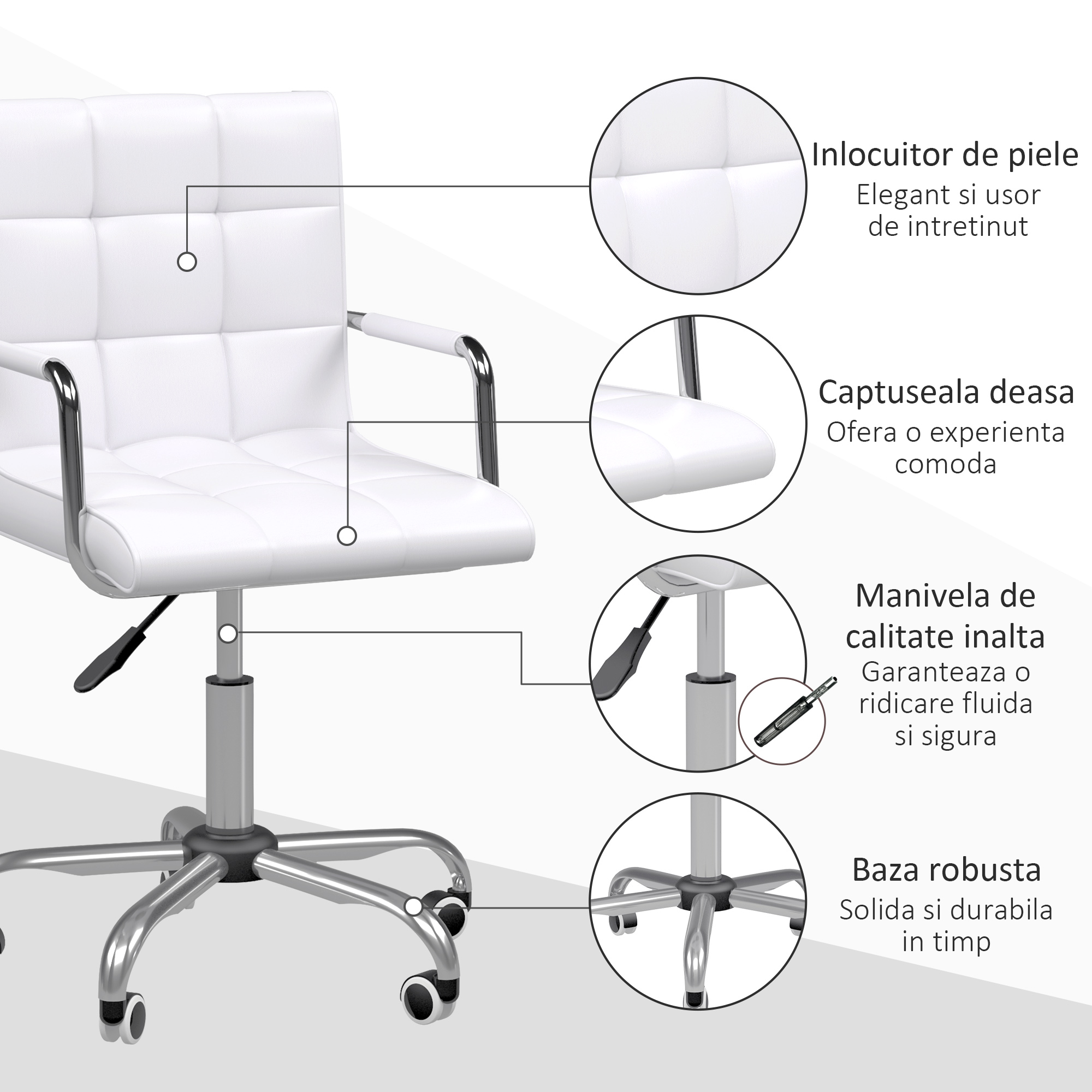  Scaun Birou Alb - Captusit, Reglabil & Mobil pe Roti [5]