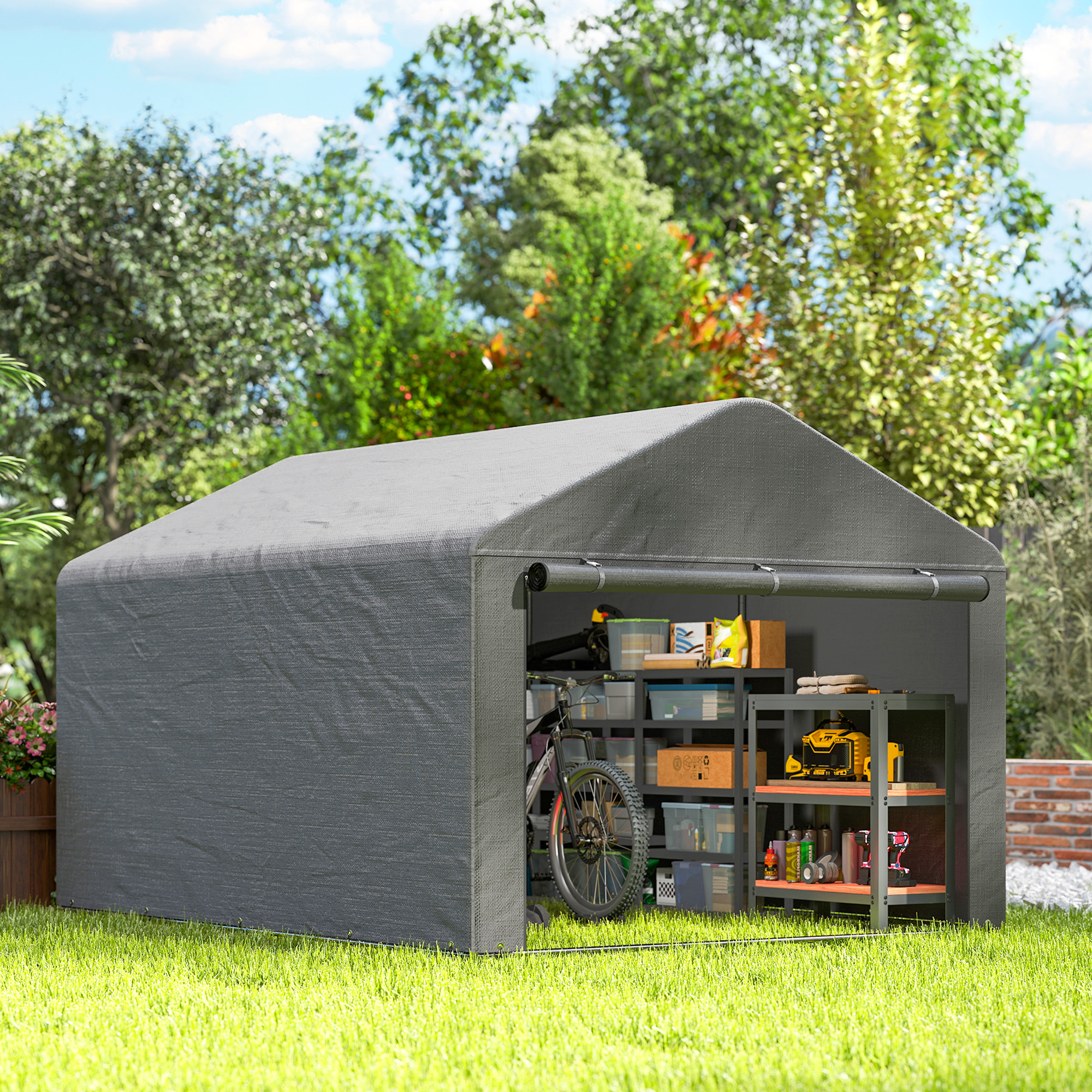  2x2,4 m Garaj Moto pentru Exterior, Tenda Impermeabila cu Usa Rulabila, pentru Biciclete si Unelte, Cadrul din Otel Zincat, Adapost de Gradina, Gri Deschis [8]