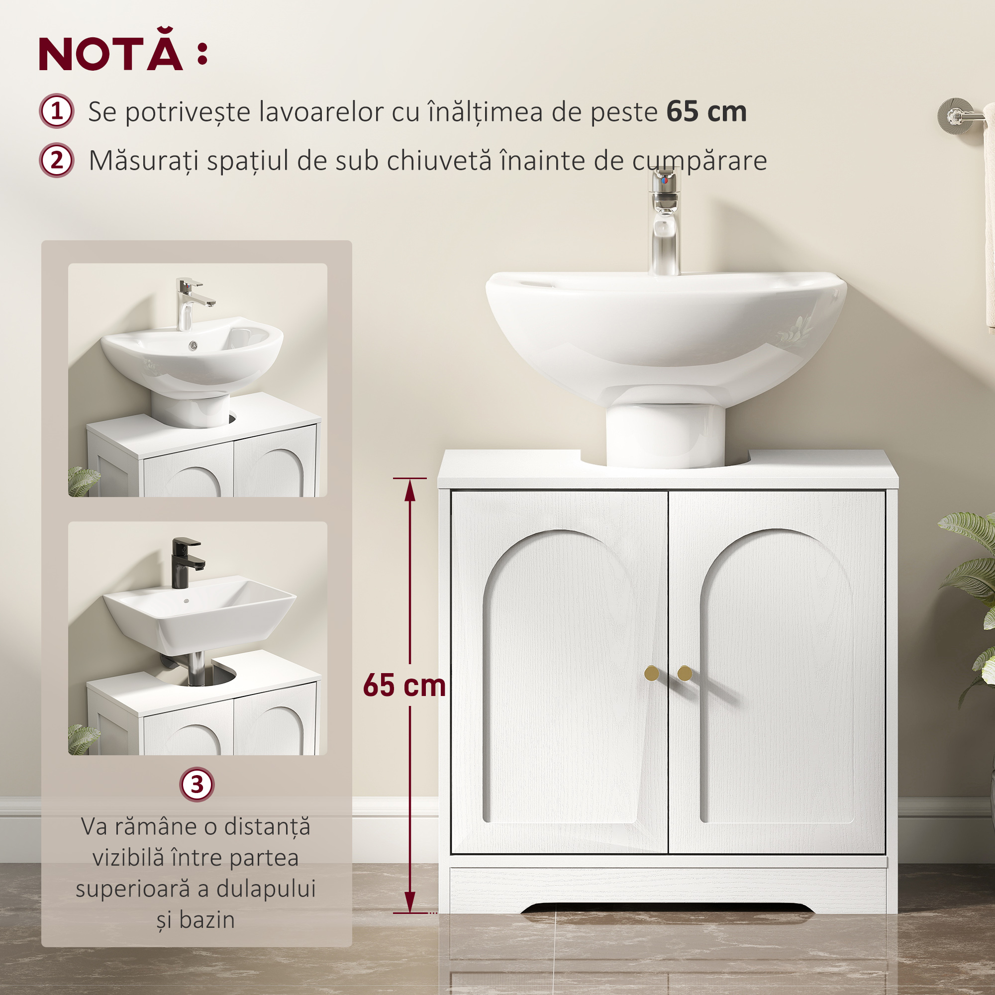  Dulap pentru baie sub chiuveta cu 2 usi si raft reglabil pe 3 niveluri, din lemn, 60x30x65 cm, alb [7]