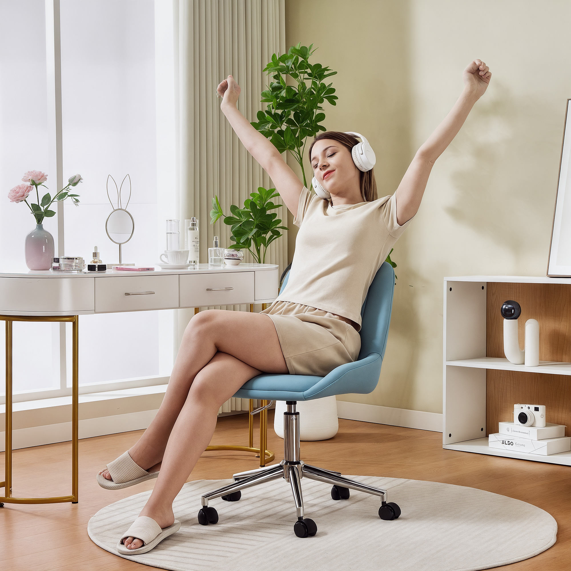  Scaun pentru Birou cu inaltime Reglabila din Silicon PU, Albastru [5]