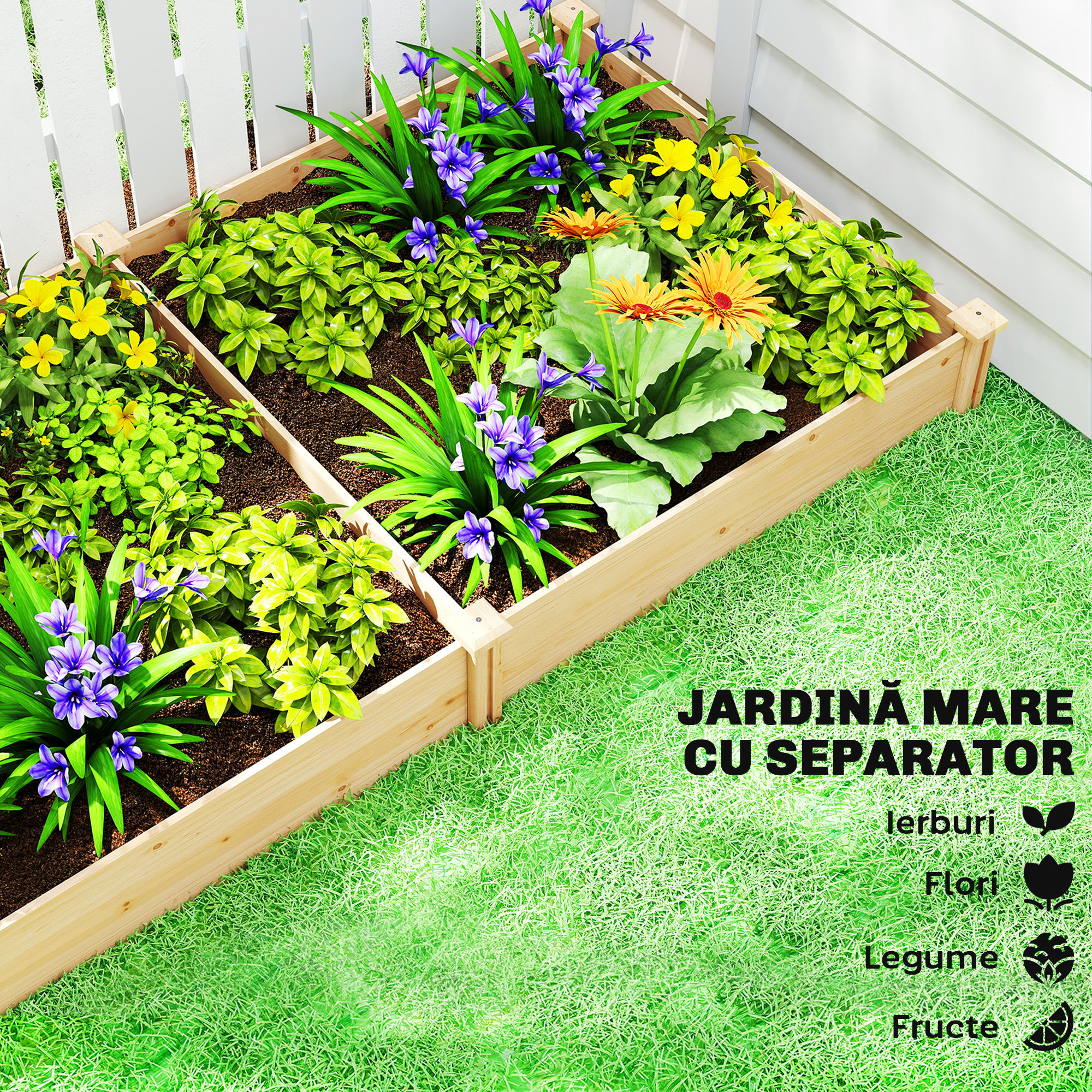  Pat de Gradina Ridicat de Exterior cu Separator Central si Baza Deschisa, Jardiniera din Lemn de Brad, pentru Flori, Legume, Balcon, Gradina, 235x121x26 cm, Culoare Lemn [3]