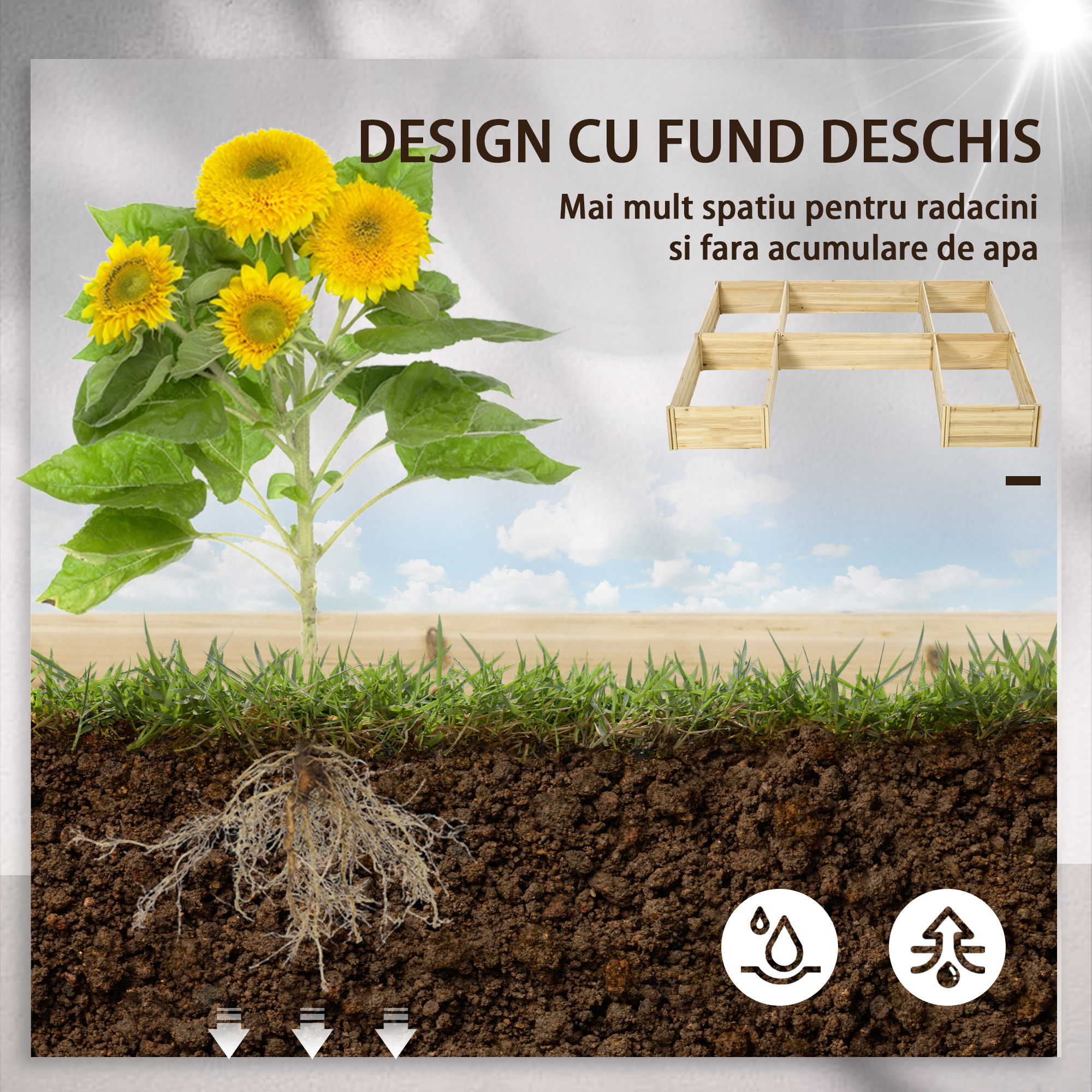  Jardiniera de Exterior 5 Piese modulare cu Fund Deschis din Lemn de Brad pentru Plante, Flori si Legume 230x230x28 cm, culoare Lemn natur [5]