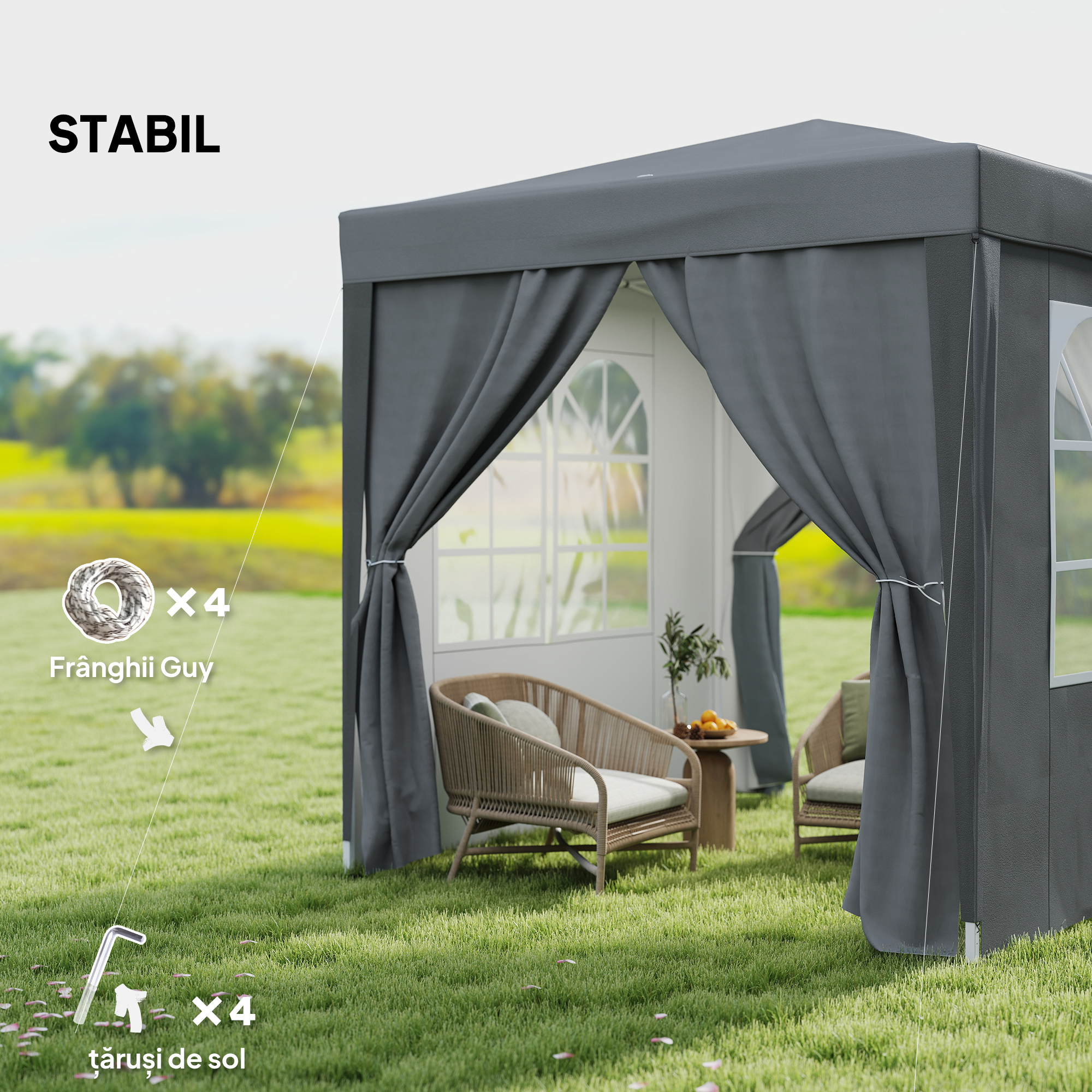  Foisor Pliabil 2x2 m Pop-Up cu 2 Usi, 2 Ferestre, 4 Pereti Detasabili, Foisor de Exterior cu Geanta de Transport din Otel si tesatura Oxford, pentru Gradina, Petreceri, Camping, Gri [5]