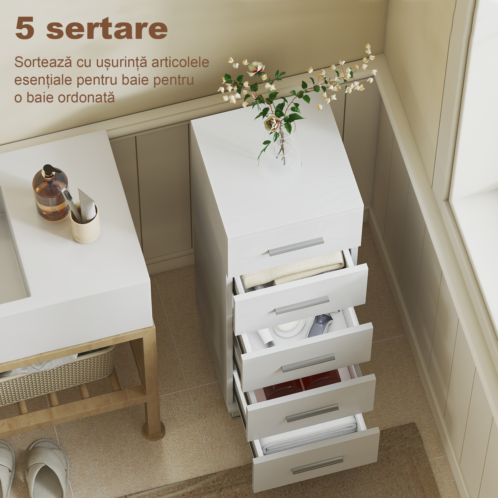  Dulap Slim pentru Baie cu 5 Sertare, Dulap Compact cu Manere Moderne, Comoda ingusta pentru Camera, Bucatarie sau Hol, 30x30x95 cm, Alb [3]