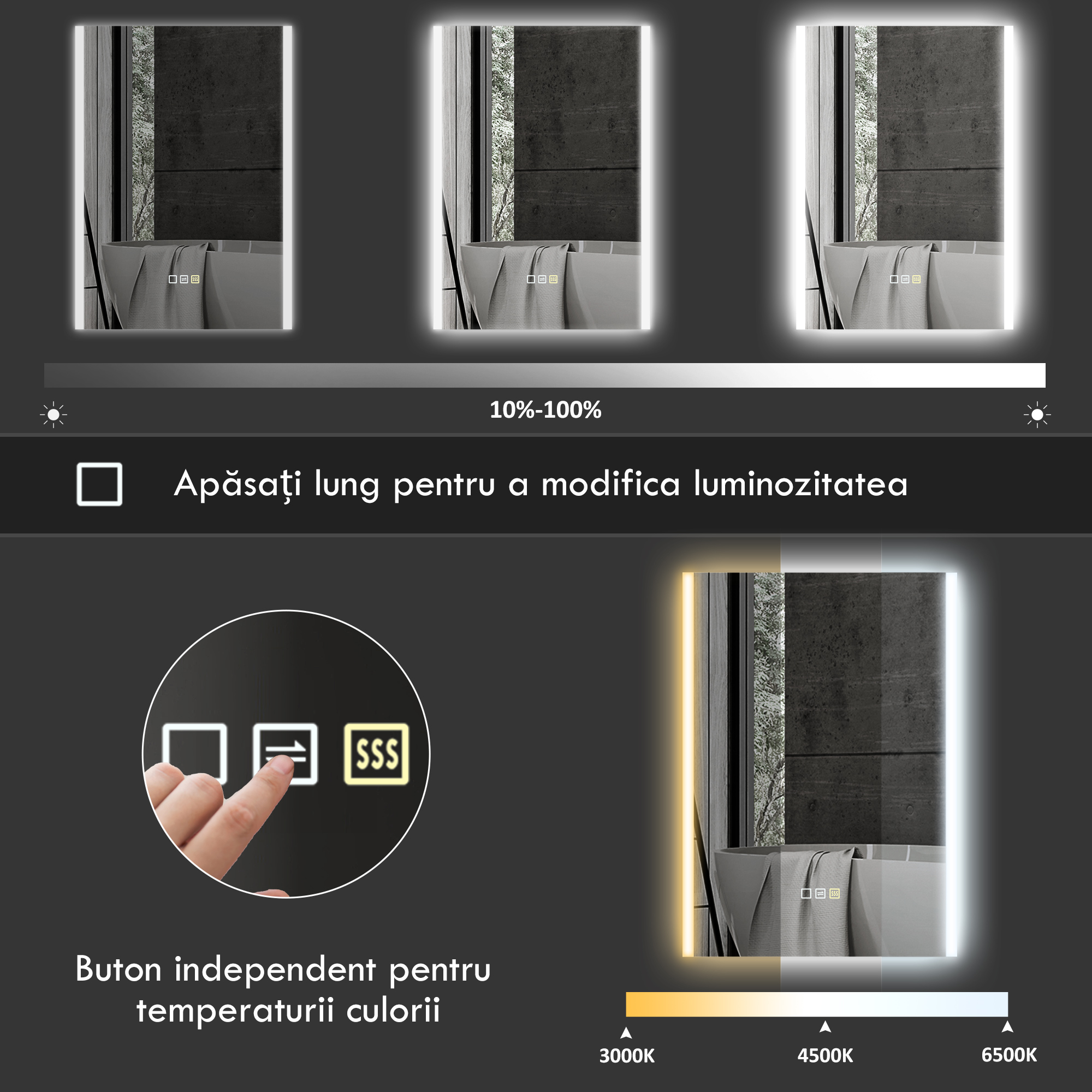  Oglinda de Baie cu Lumina LED in 3 Culori si Functie Memorie, din Sticla Temperata, 70x50x3 cm, Argintiu [4]