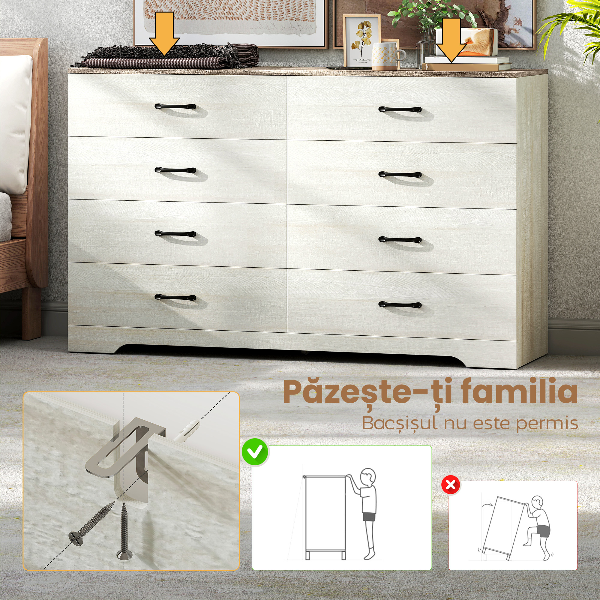  Comoda 8 Sertare Moderna din Lemn, 140x40x86 cm, Nuc si Gri Deschis [6]