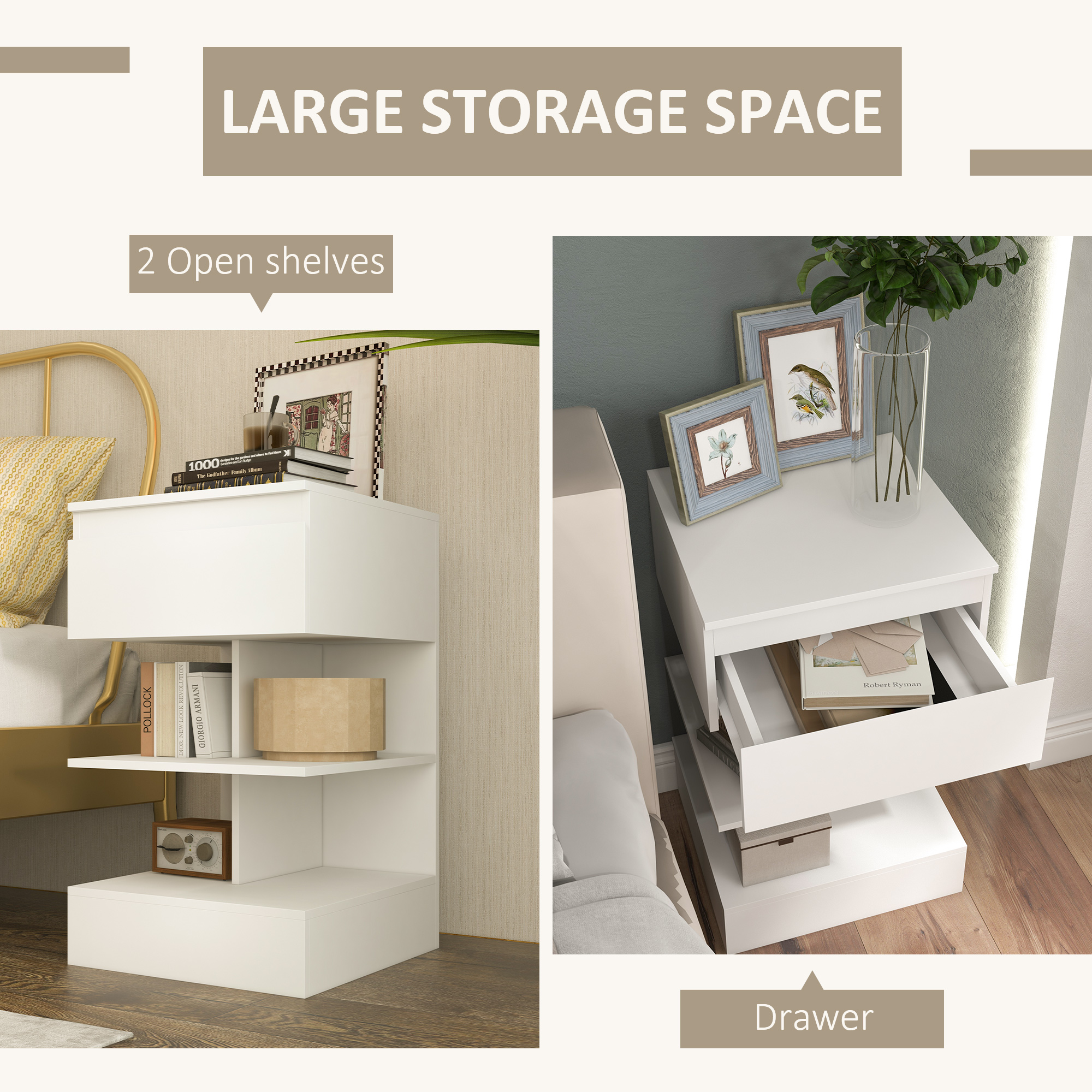  Noptiera Moderna din PAL si MDF cu un Sertar si 2 Rafturi, 39x39x65 cm, Alb [4]