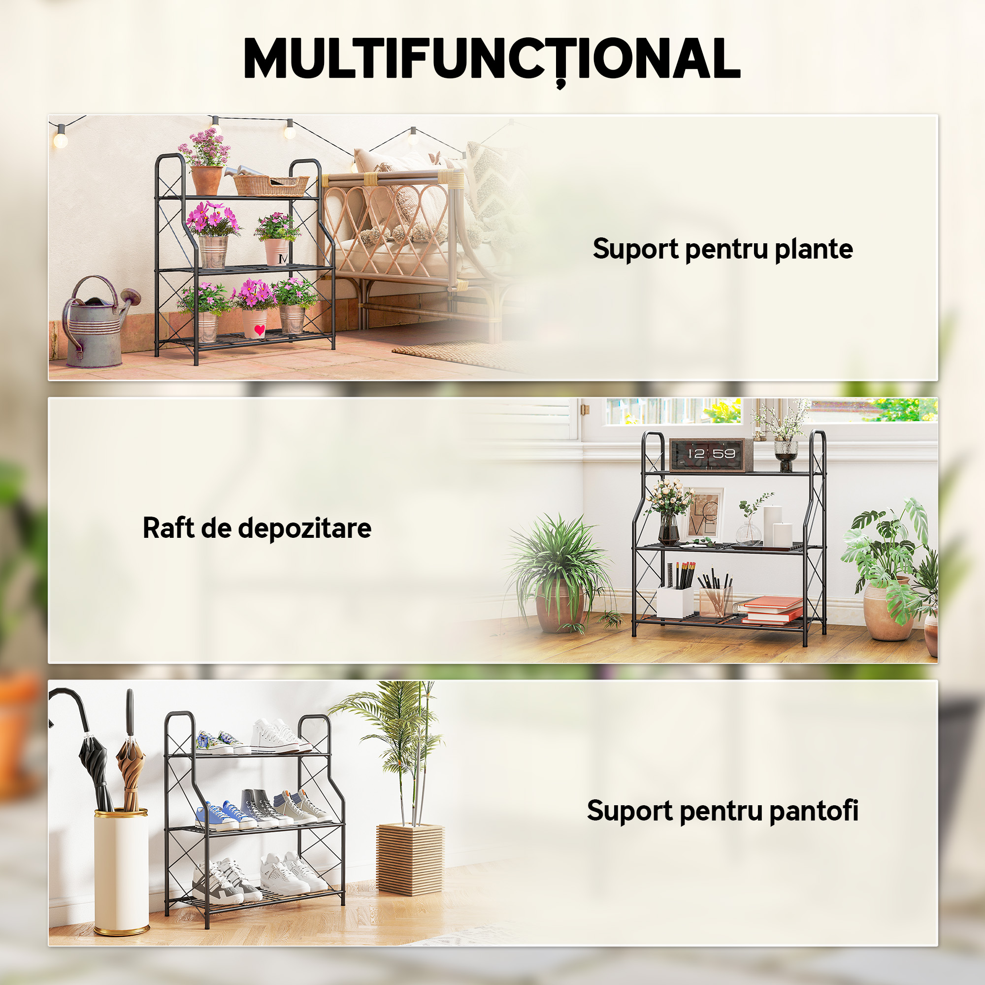  Suport pentru plante cu 3 niveluri pentru interior si exterior din metal, 69x28.5x78 cm, negru [5]