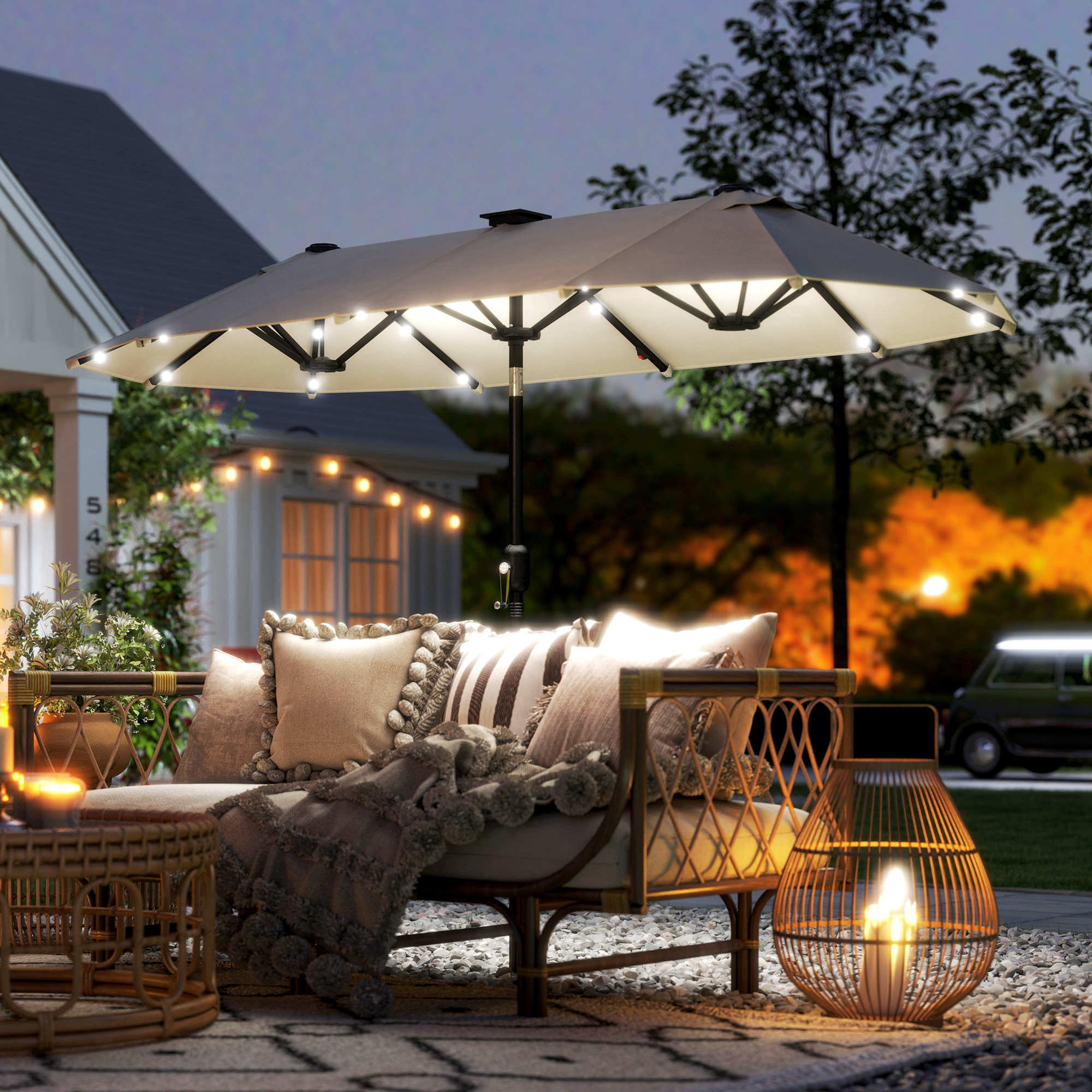  Umbrela Dubla cu Lumini LED si Manivela, din Poliester si Otel, 2.92x1.5x2.2 m, Bej [1]