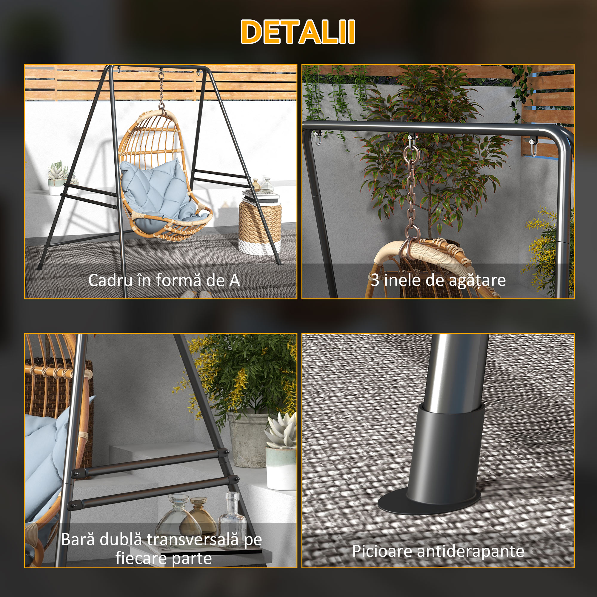  Suport pentru Scaun Hamac, Cadru Metalic Rezistent pentru Hamac Suspendat, Balansoar de Terasa, Fotoliu Tip Ou, Negru [6]