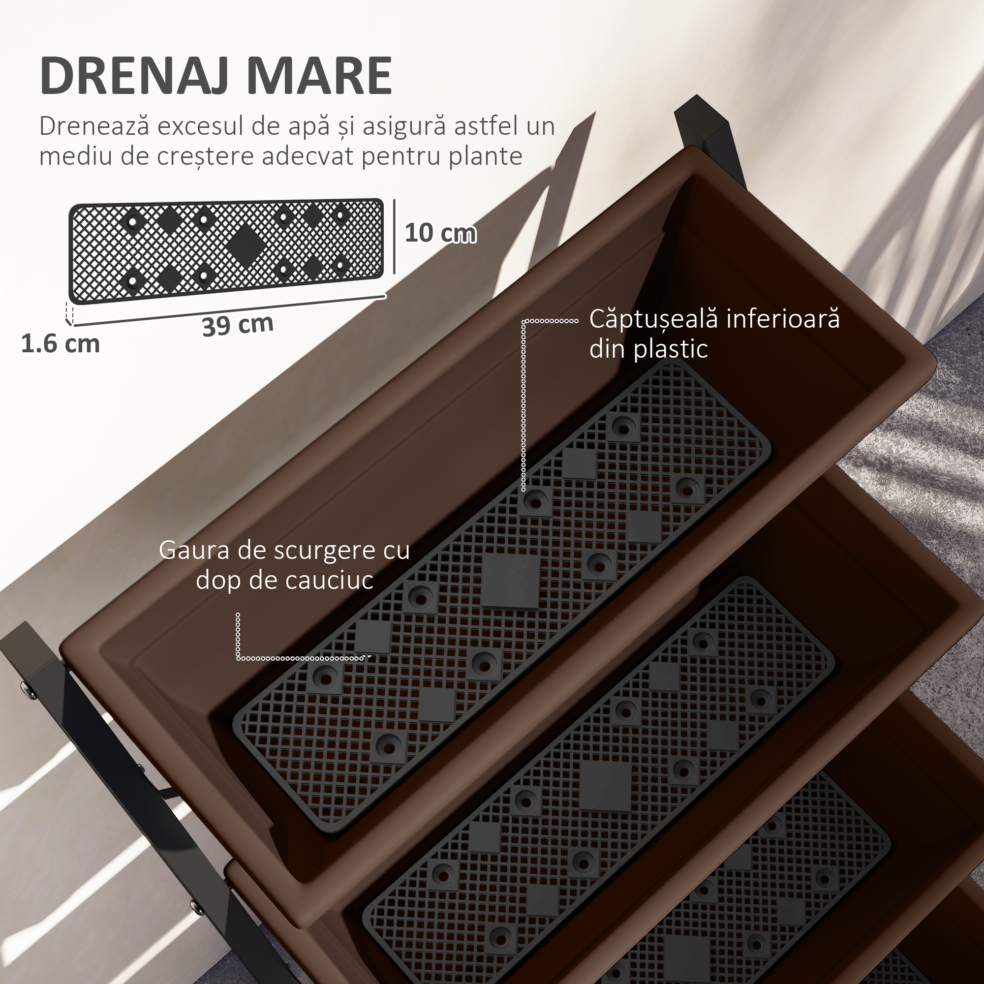  Suport pentru plante vertical pe 5 niveluri cu 5 ghivece cu orificii pentru drenaj, din otel si PE, 55x63x120 cm, maro [5]