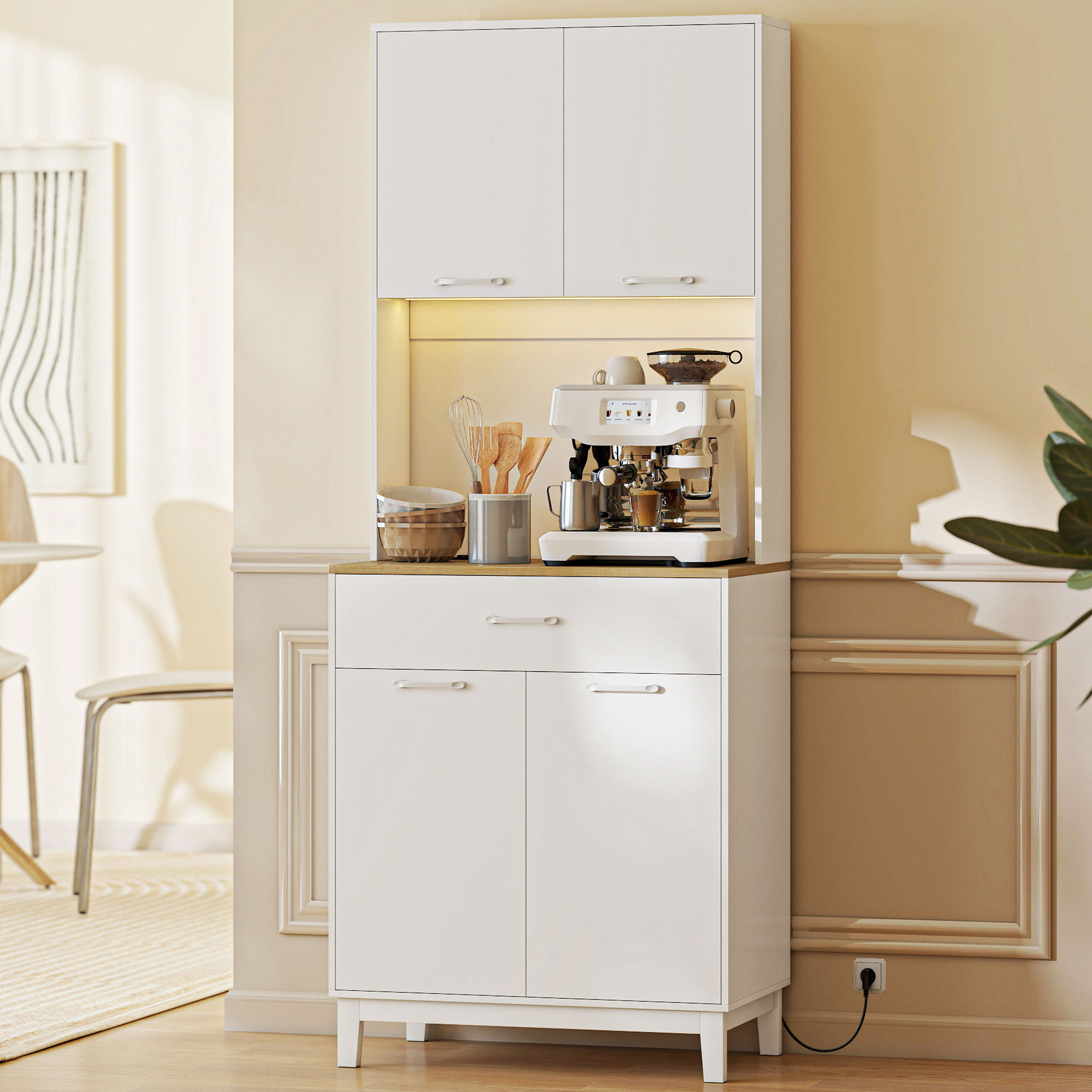  Credenta Moderna cu Lumini, Prize USB, 2 Dulapuri si Sertar Alb [1]