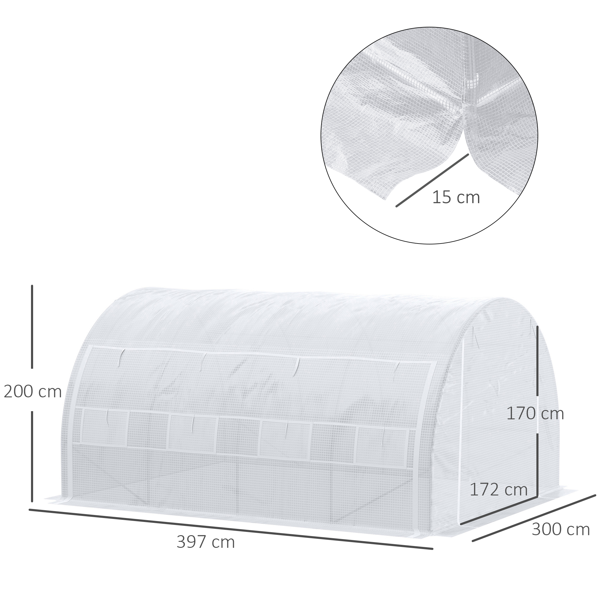  Sera Tip Tunel cu Usa, Panouri si 8 Ferestre Rulabile, din Otel Galvanizat si PE, 3.97x3x2 m, Alb [2]