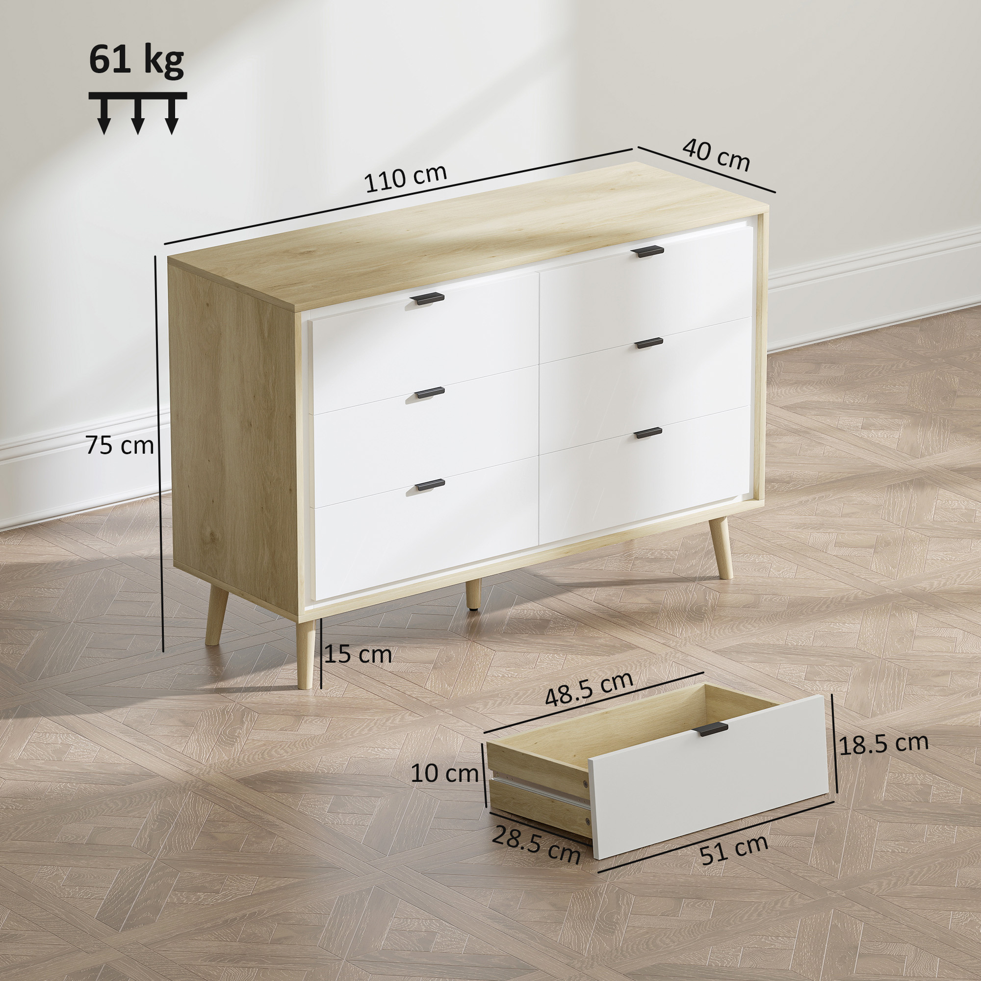  Comoda cu 6 Sertare din Lemn pentru Dormitor, 110x40x75 cm, Alb Lucios si Stejar [2]
