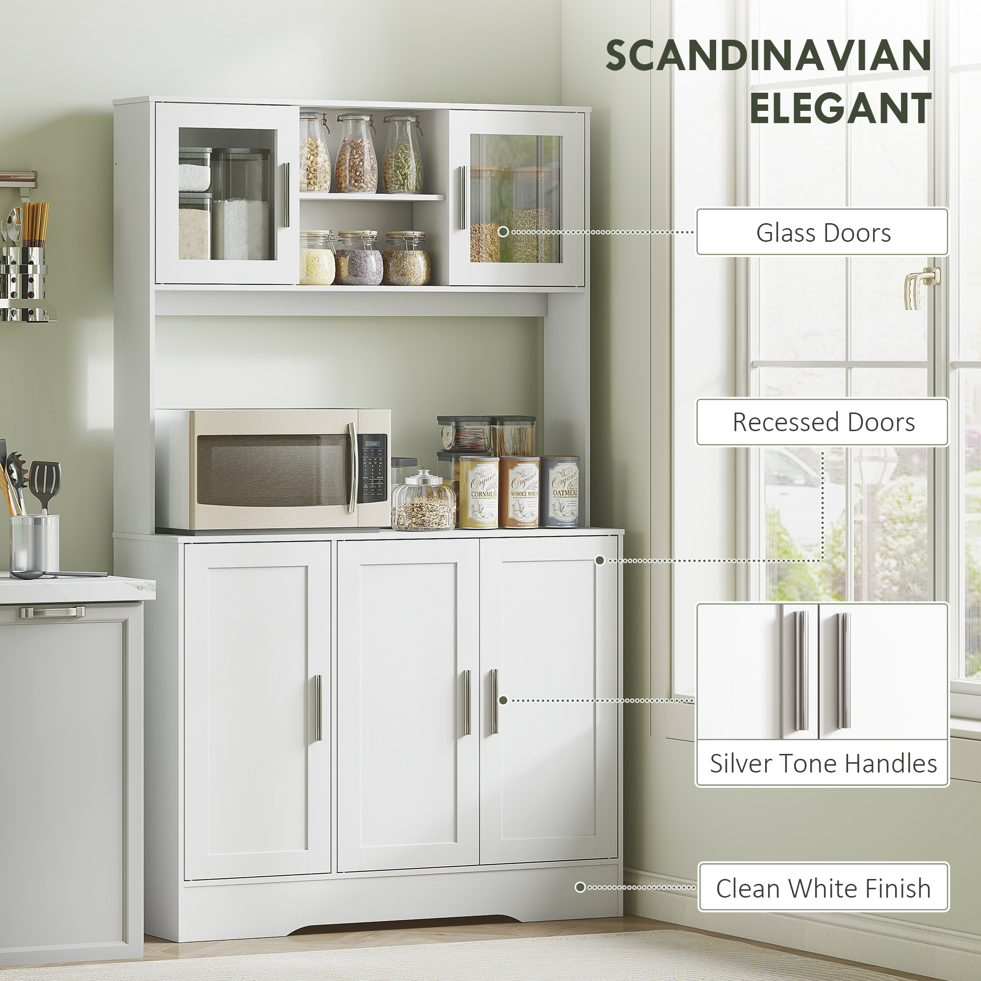  Servanta de Bucatarie inalta de 180 cm, Dulap Dispensa cu 4 Dulapuri, Usi din Sticla Securizata, 2 Rafturi Deschise, Rafturi Reglabile, Blat pentru Cuptorul cu Microunde, pentru Sala de Pranz sau Liv [5]